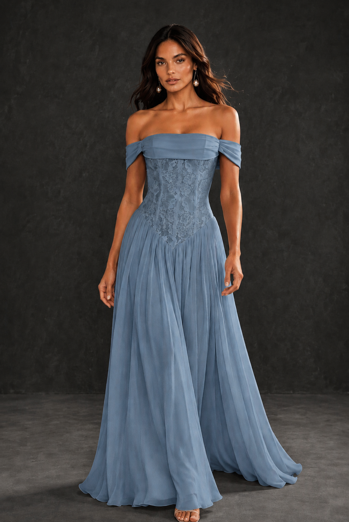 BOLODOO Dusty Blue Off-Shoulder Lace Corset Tulle Maxi Dress - Dusty Blue