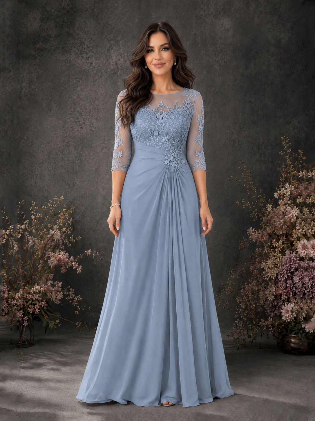 BOLODOO Dusty Blue Chiffon Lace Illusion Neckline 3/4 Sleeve Floor Length Formal Gown - Dusty Blue