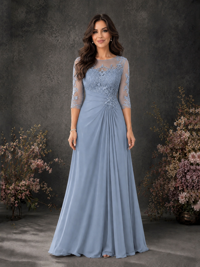 BOLODOO Dusty Blue Chiffon Lace Illusion Neckline 3/4 Sleeve Floor Length Formal Gown - Dusty Blue