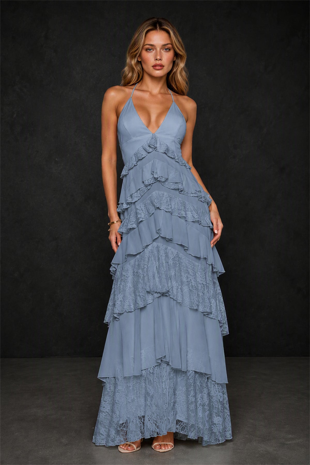 BOLODOO Dusty Blue Tiered Ruffle Lace Halter Backless Maxi Dress - Dusty Blue