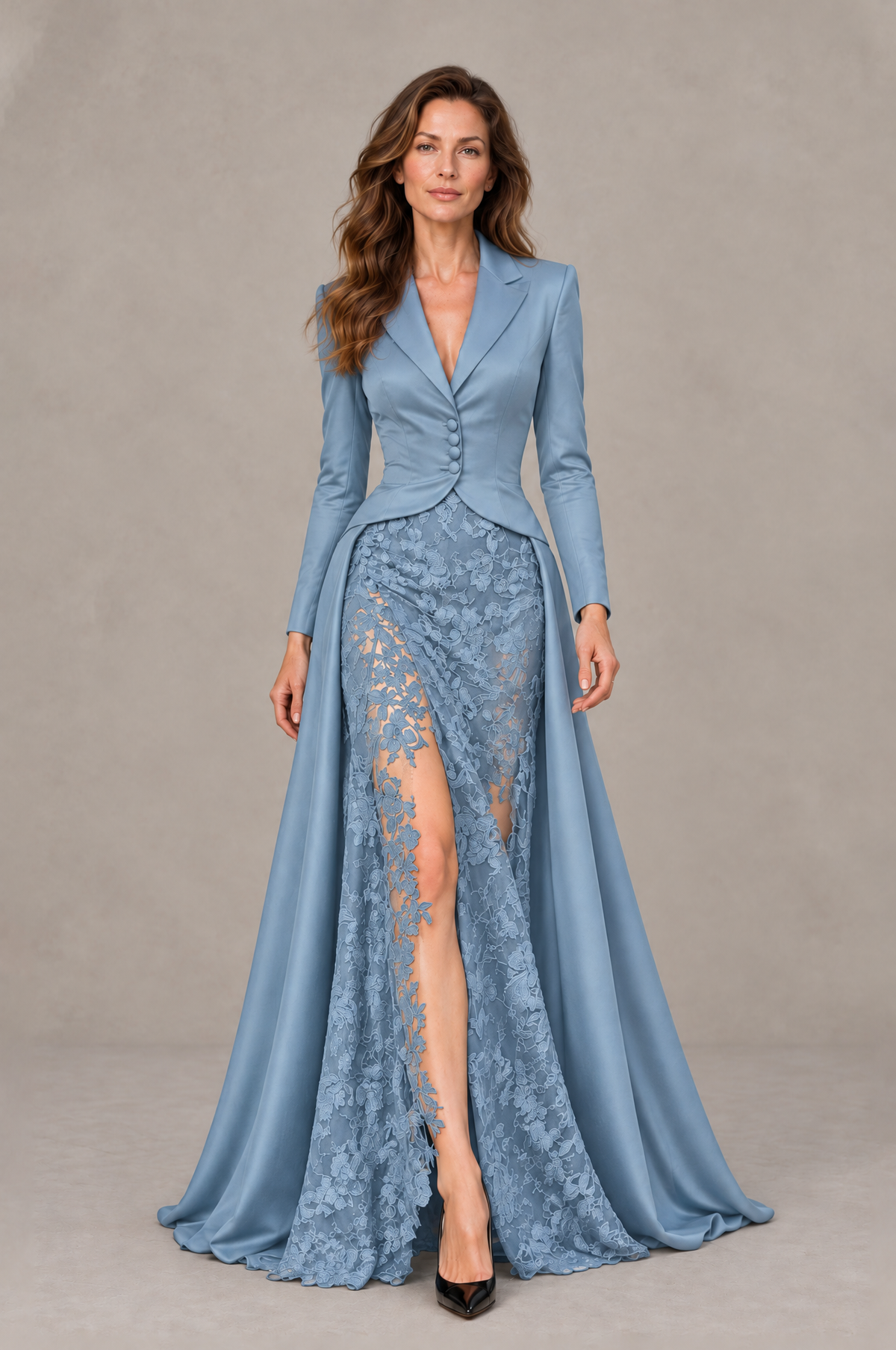 BOLODOO Dusty Blue Long Sleeve Lace Blazer Gown with High Slit - Dusty Blue - Dusty Blue (1)