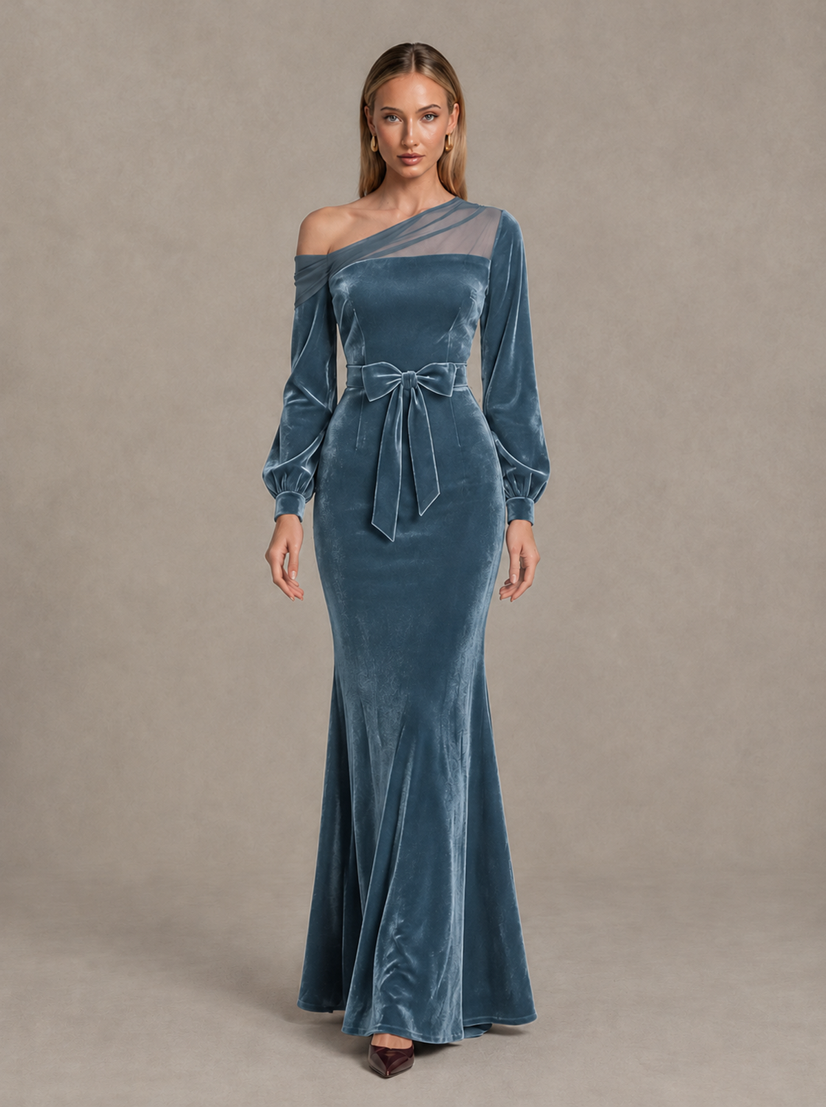 BOLODOO Dusty Blue Velvet Mermaid Evening Dress with Long Sleeves - Dusty Blue - Dusty Blue (1)