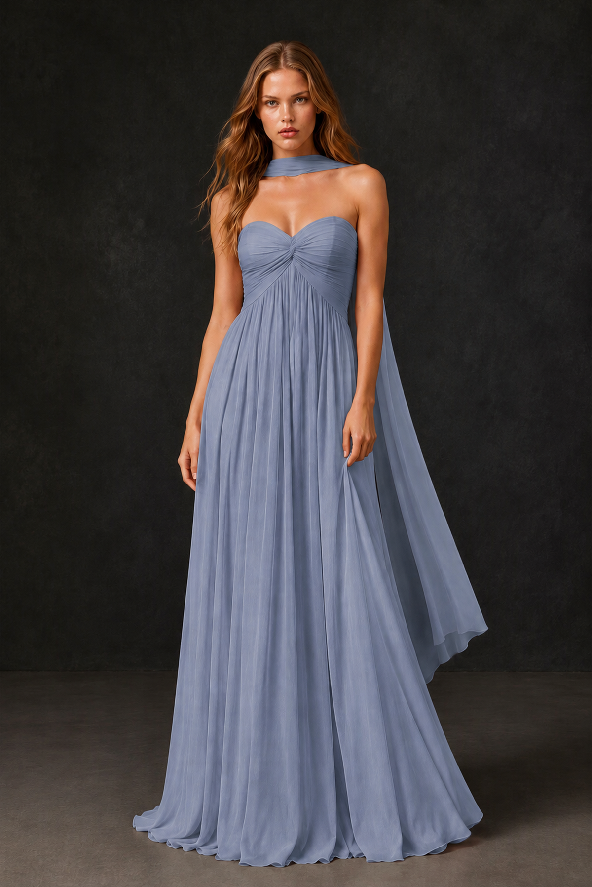 BOLODOO Dusty Blue Sweetheart Strapless Twist Knot Detached Halter Scarf Lace-Up Back Empire Waist Chiffon Maxi Dress - Dusty Blue