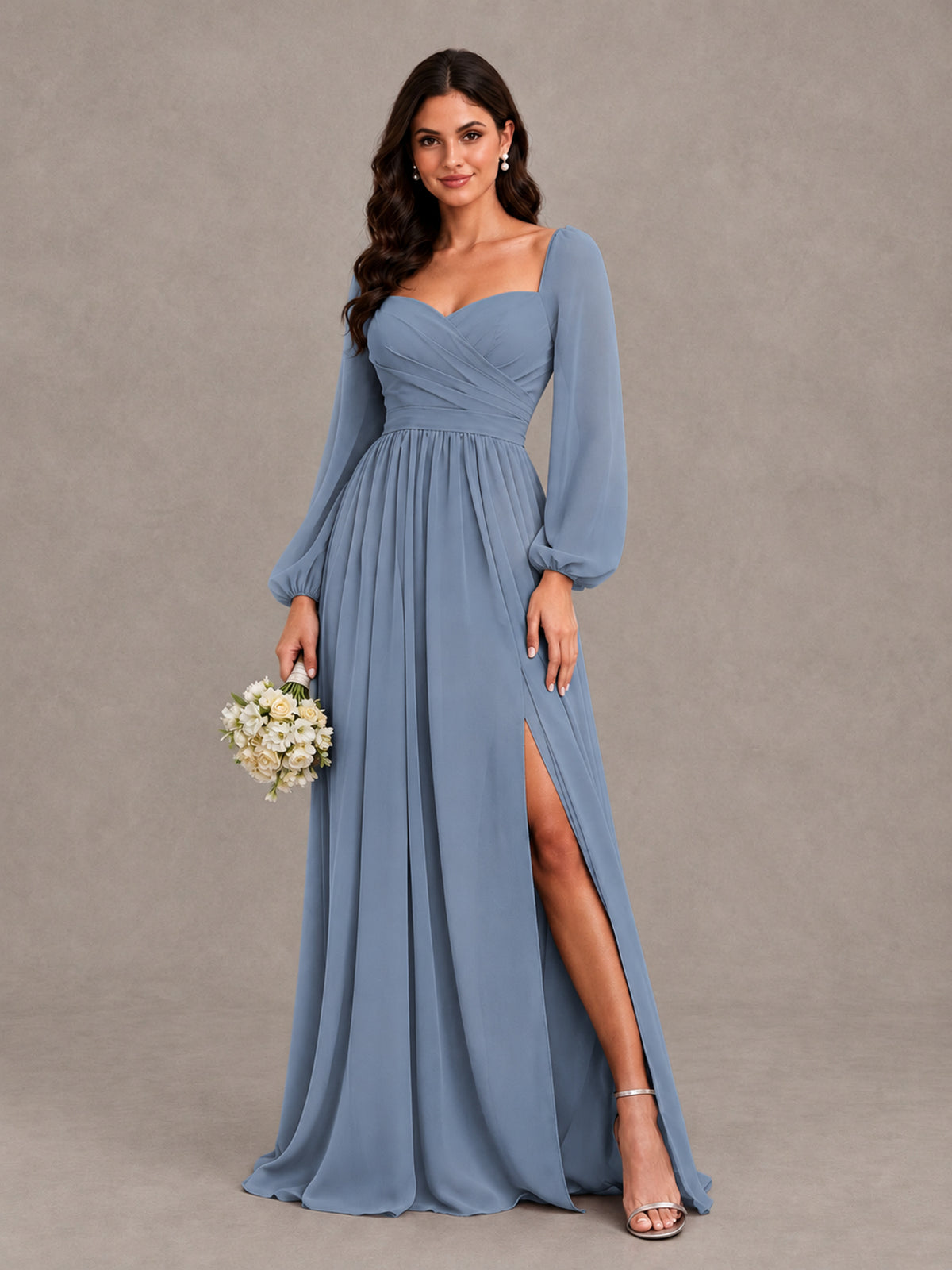 BOLODOO Dusty Blue Long Sleeve Chiffon Bridesmaid Dress with Slit - Dusty Blue - Dusty Blue (1)