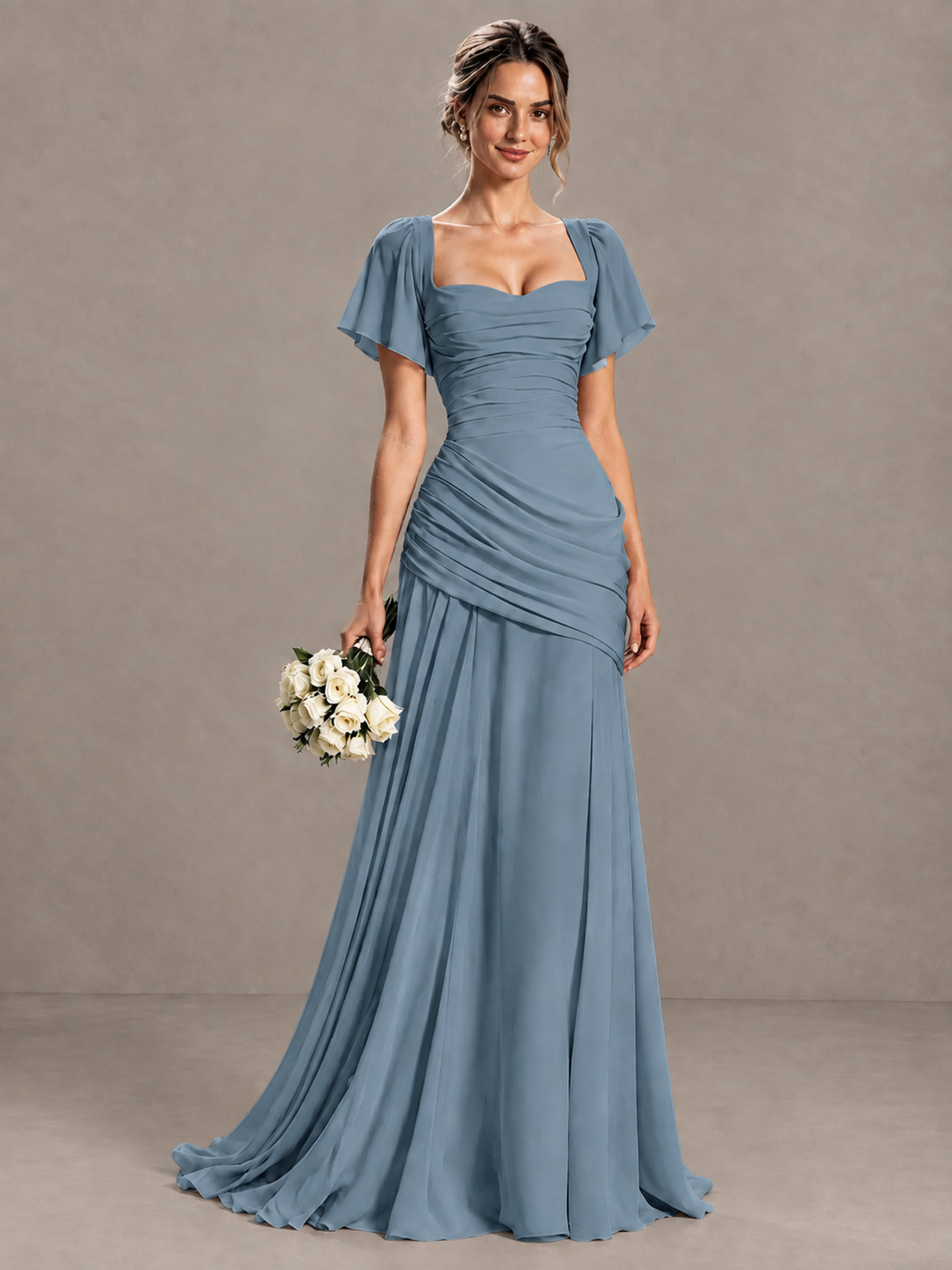 BOLODOO Dusty Blue Flutter Sleeve Lace-Up Back Maxi Dress - Dusty Blue