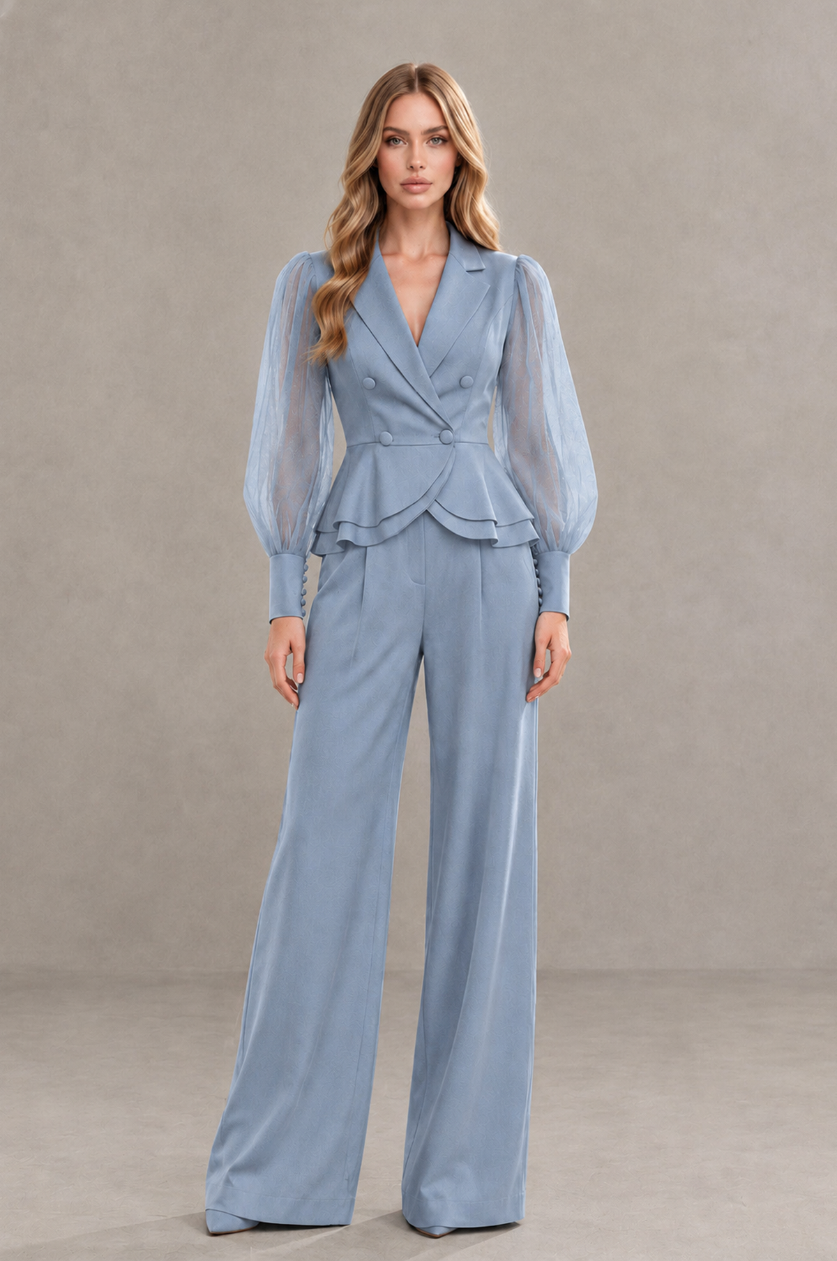 BOLODOO Mint Dusty Blue Peplum Blazer Wide-Leg Pantsuit with Sheer Puff Sleeves - Dusty Blue
