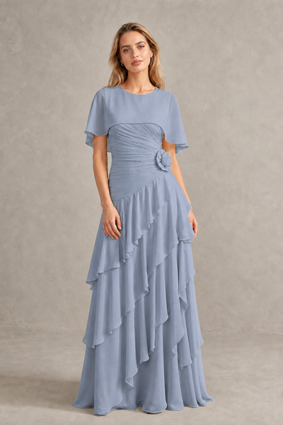 BOLODOO Dusty Blue Chiffon Flutter Sleeve Tiered Maxi Dress with 3D Rosette - Dusty Blue