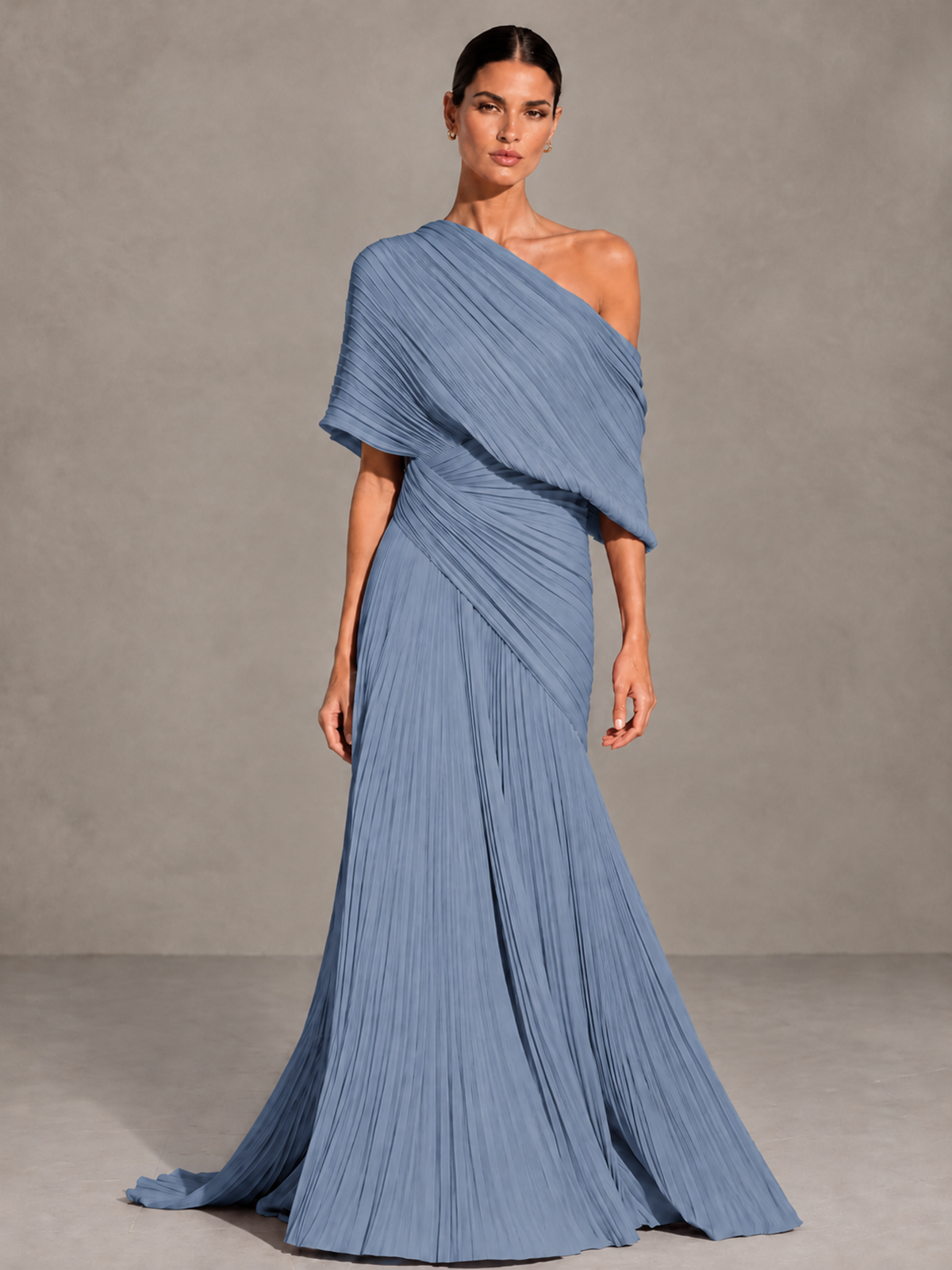 BOLODOO Dusty Blue One-Shoulder Pleated Cape Evening Gown with Train - Dusty Blue - Dusty Blue (1)