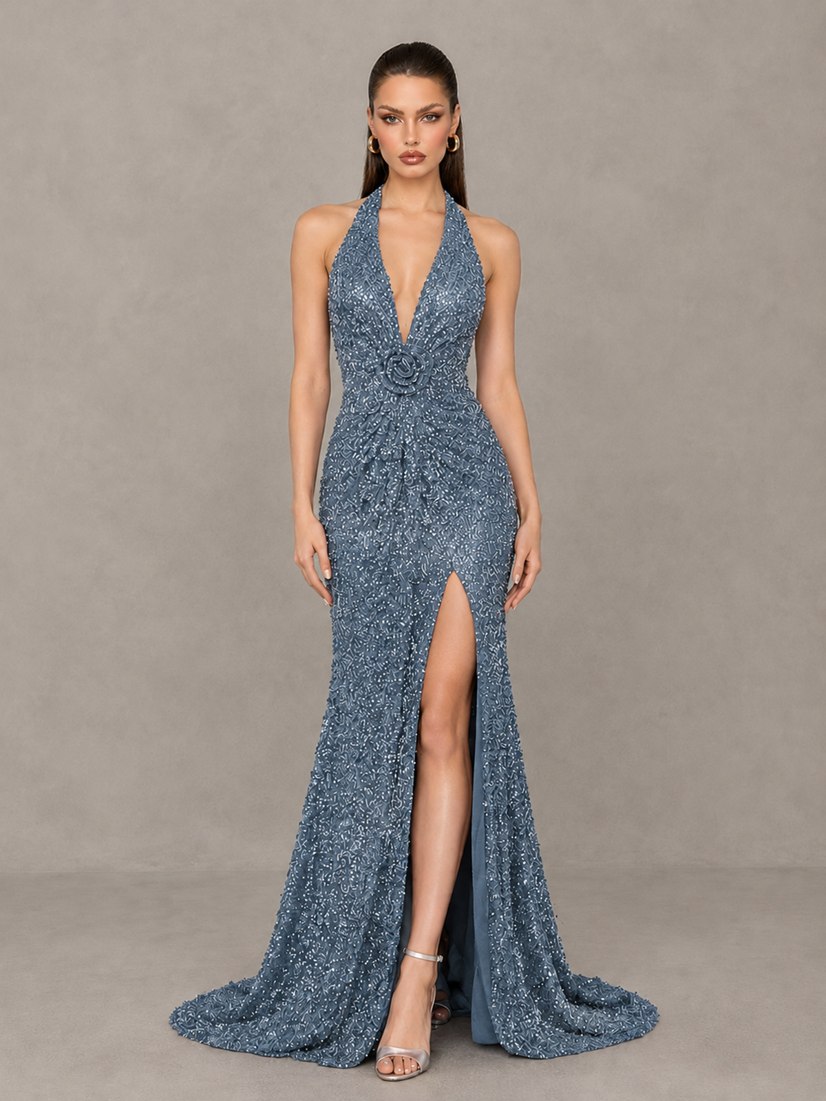BOLODOO Dusty Blue Sequin Halter Open Back Evening Gown with High Slit - Dusty Blue - Dusty Blue (1)