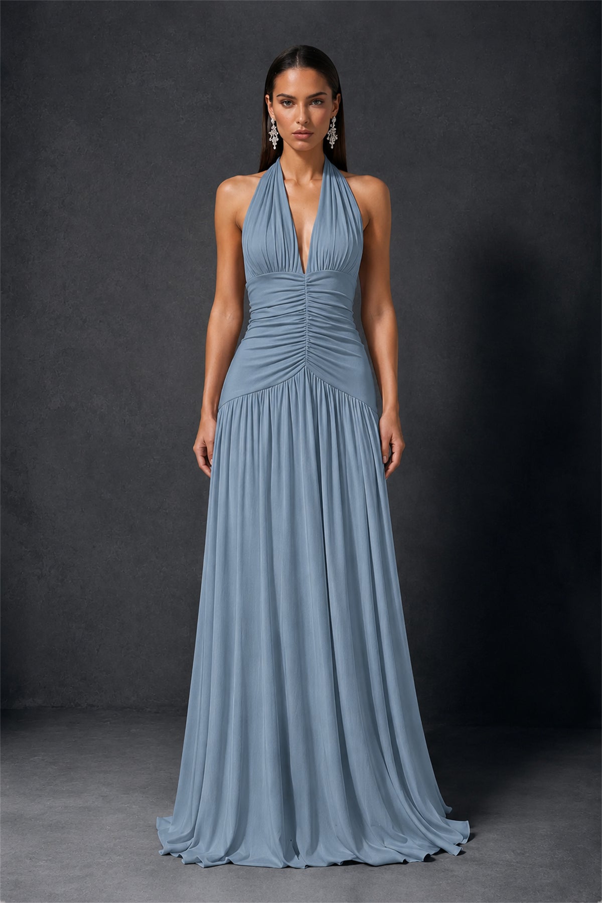 BOLODOO Dusty Blue Halter Deep V-Neck Ruched Chiffon Open Back Maxi Dress with Draped Neck Tie - Dusty Blue