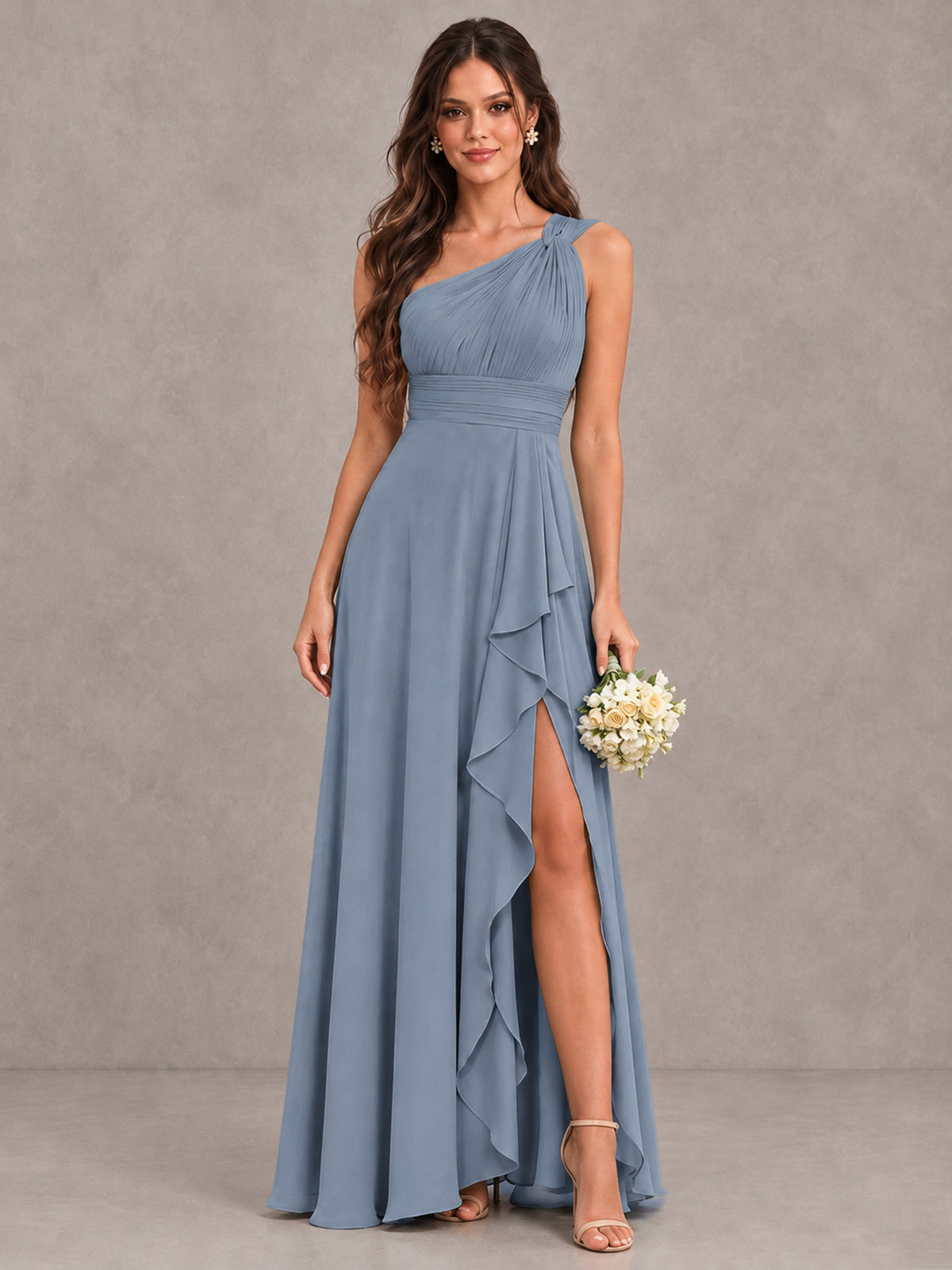 BOLODOO Dusty Blue One-Shoulder Ruffle Bridesmaid Dress with Slit - Dusty Blue - Dusty Blue (1)