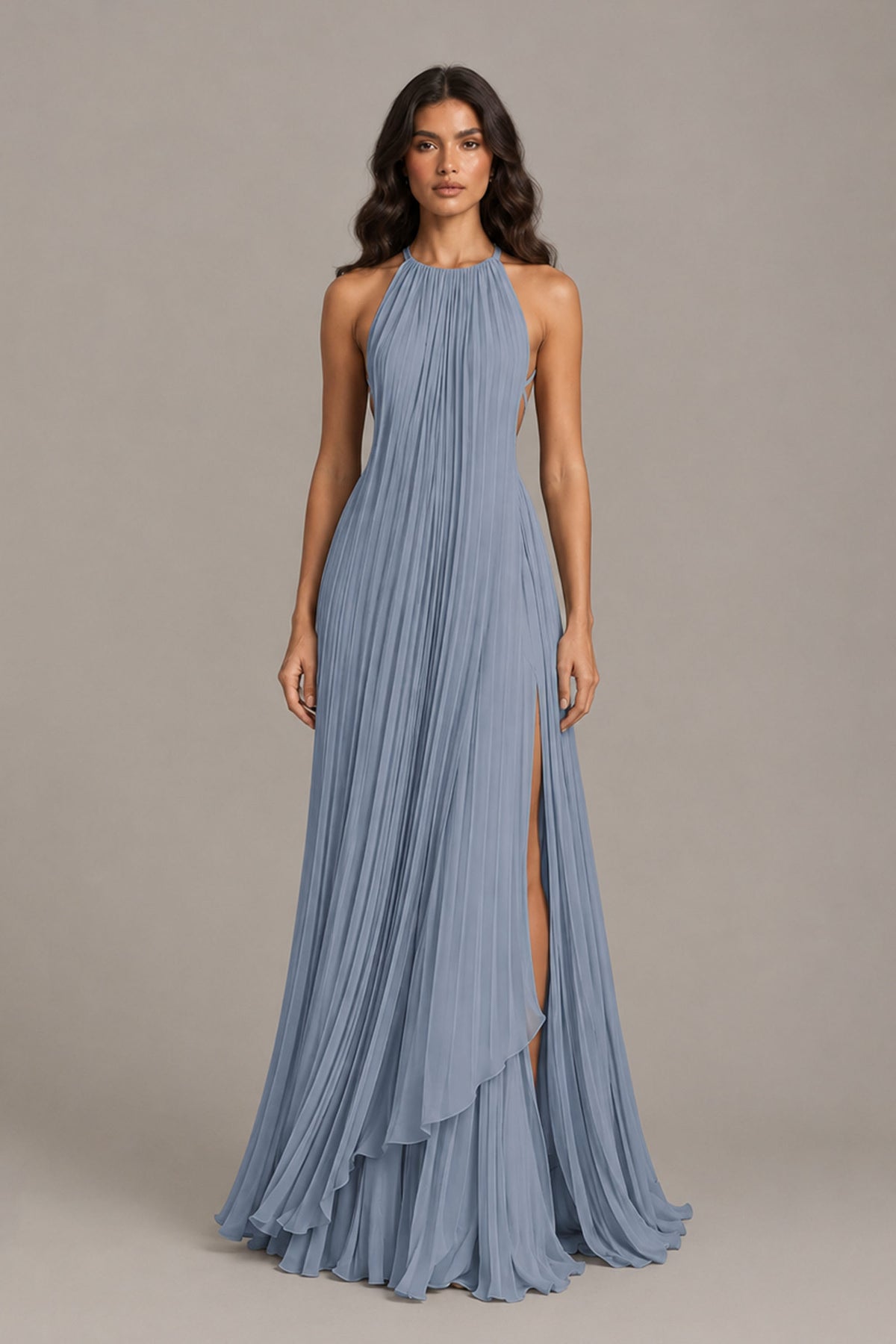 BOLODOO Dusty Blue Halter Neck Pleated Chiffon Maxi Dress with Side Slit - Dusty Blue
