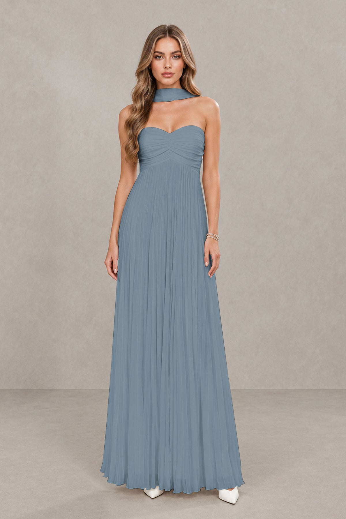 BOLODOO Dusty Blue Strapless Chiffon-Look Maxi Dress with Lace-Up Back & Cape - Dusty Blue