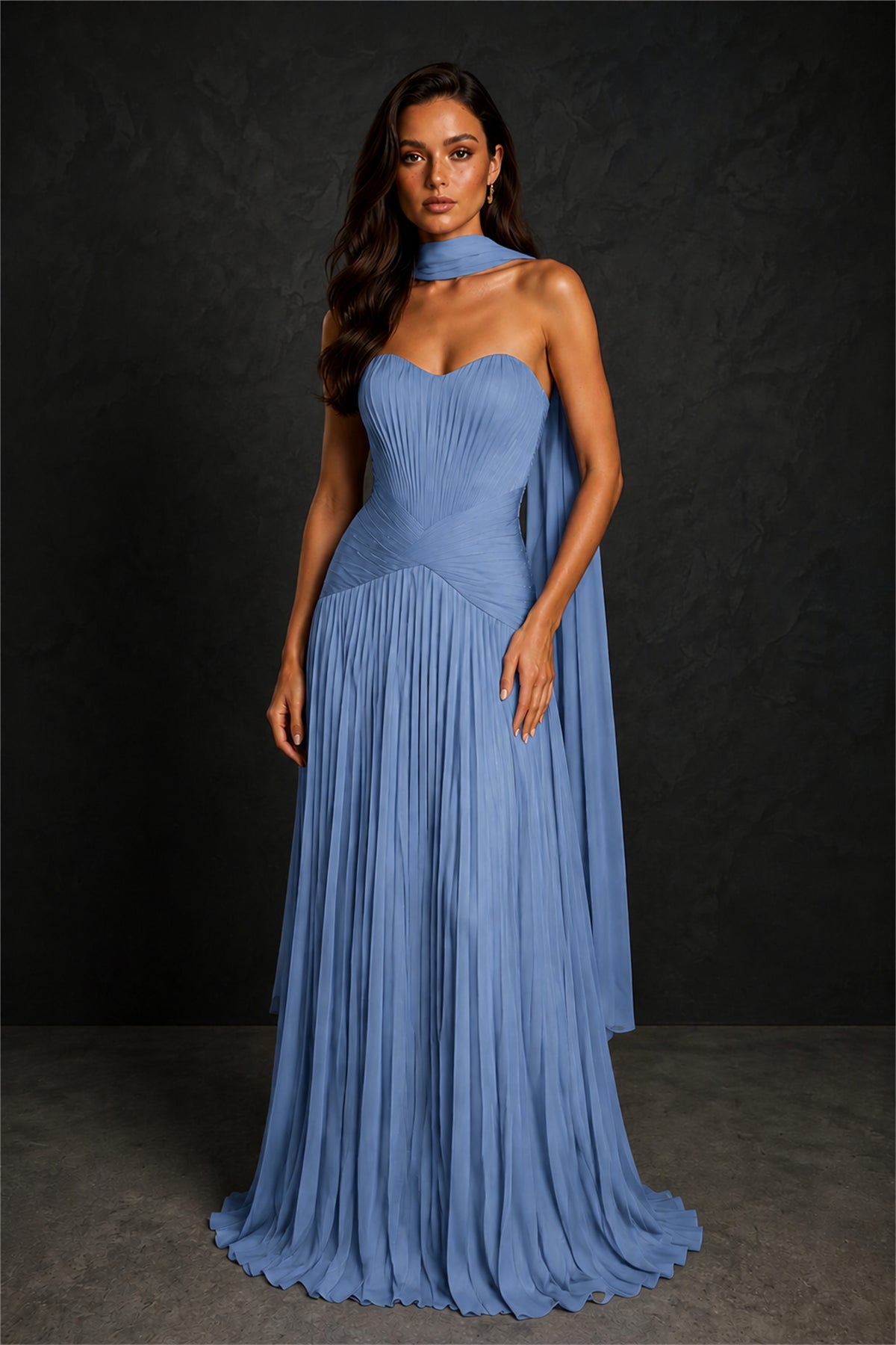 BOLODOO Dusty Blue Sweetheart Strapless Neck Scarf Pleated Backless A-Line Chiffon Maxi Dress - Dusty Blue
