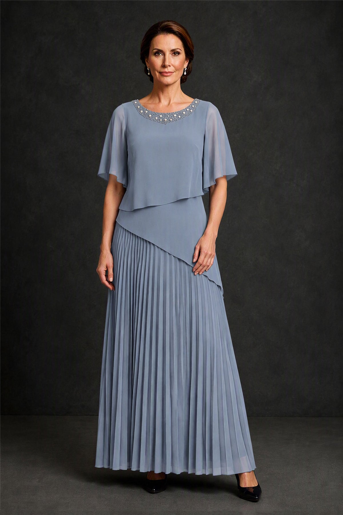 BOLODOO Dusty Blue Pearl Beaded Neck Asymmetric Tiered Flutter Sleeve Pleated Chiffon Maxi Dress - Dusty Blue