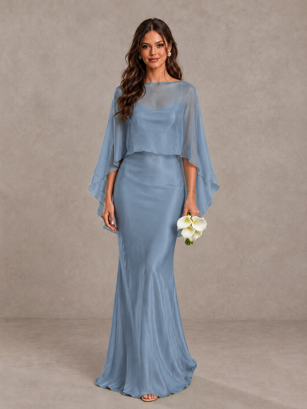 BOLODOO Dusty Blue Satin Mermaid Bridesmaid Dress with Chiffon Cape - Dusty Blue - Dusty Blue (1)