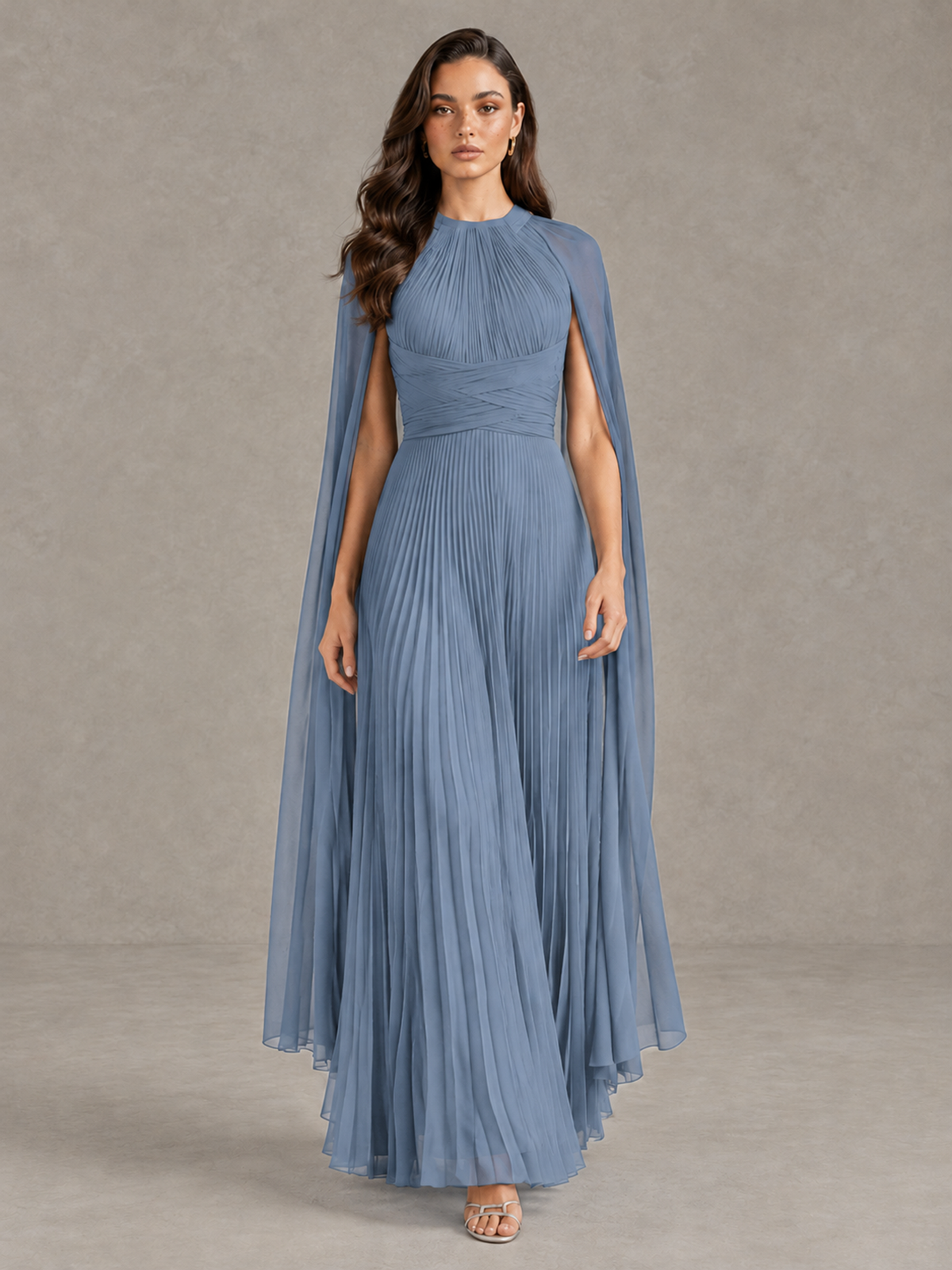 BOLODOO Dusty Blue Pleated Cape Maxi Wedding Guest Dress - Dusty Blue - Dusty Blue (1)