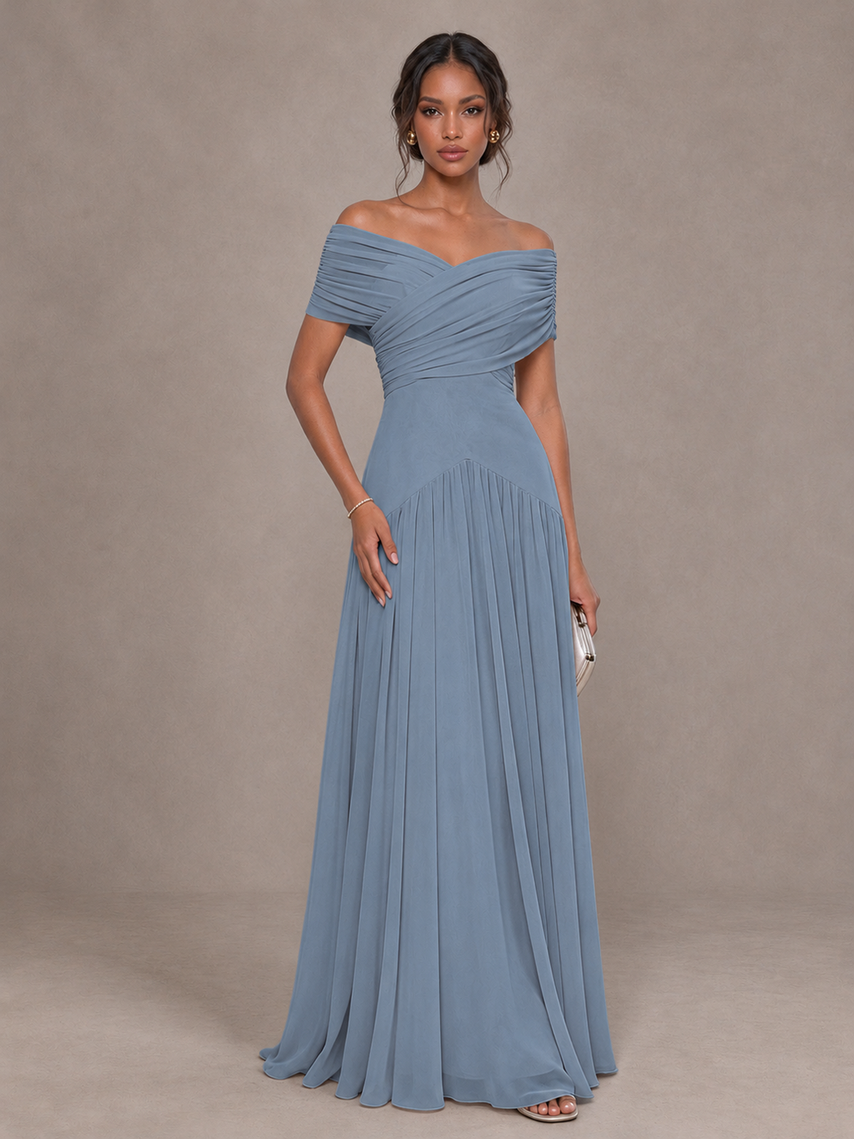 BOLODOO Dusty Blue Off-Shoulder Ruched A-Line Bridesmaid Dress - Dusty Blue - Dusty Blue (1)