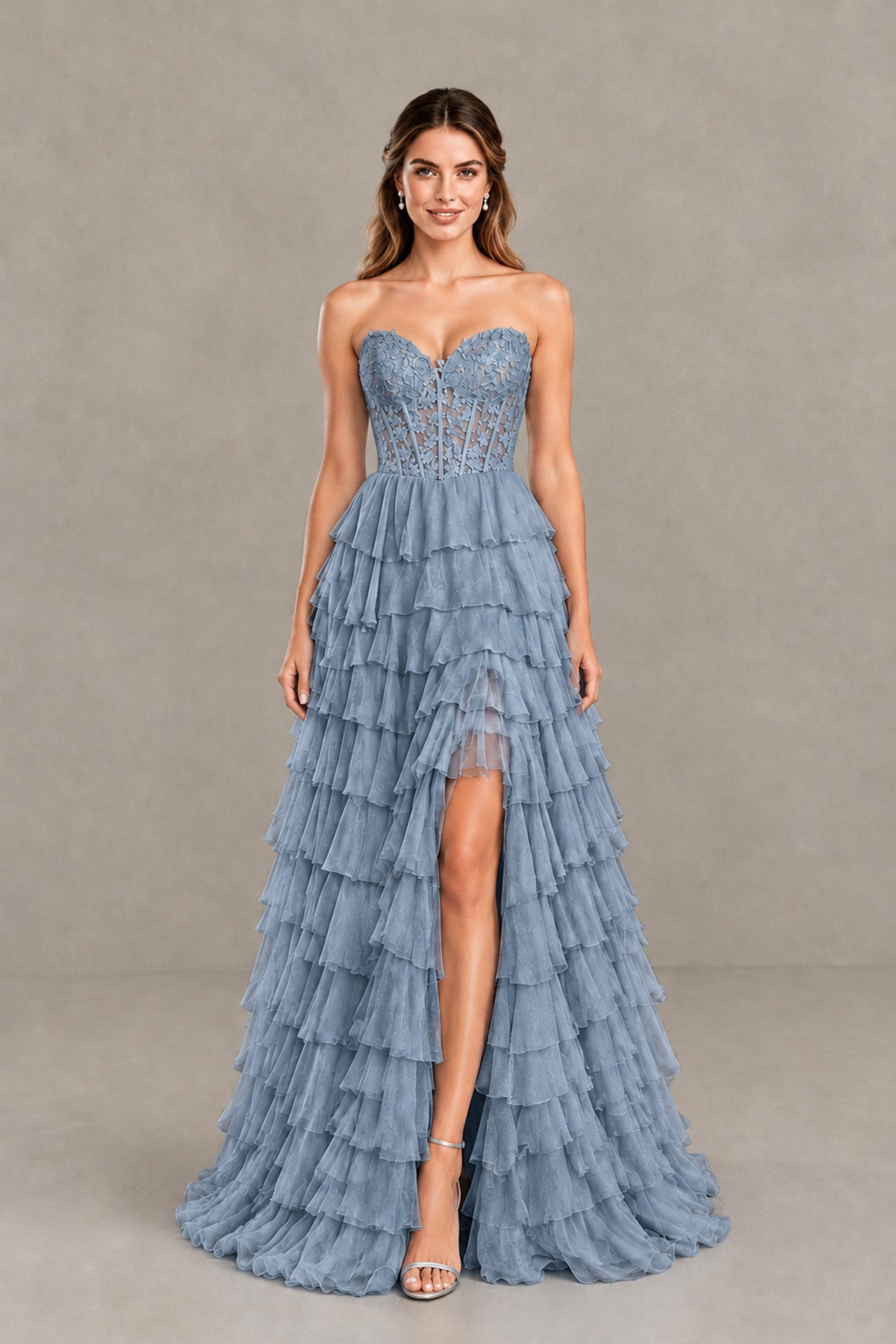 BOLODOO Dusty Blue Strapless Lace Corset Tiered Ruffle Prom Dress with Slit - Dusty Blue - Dusty Blue (1)