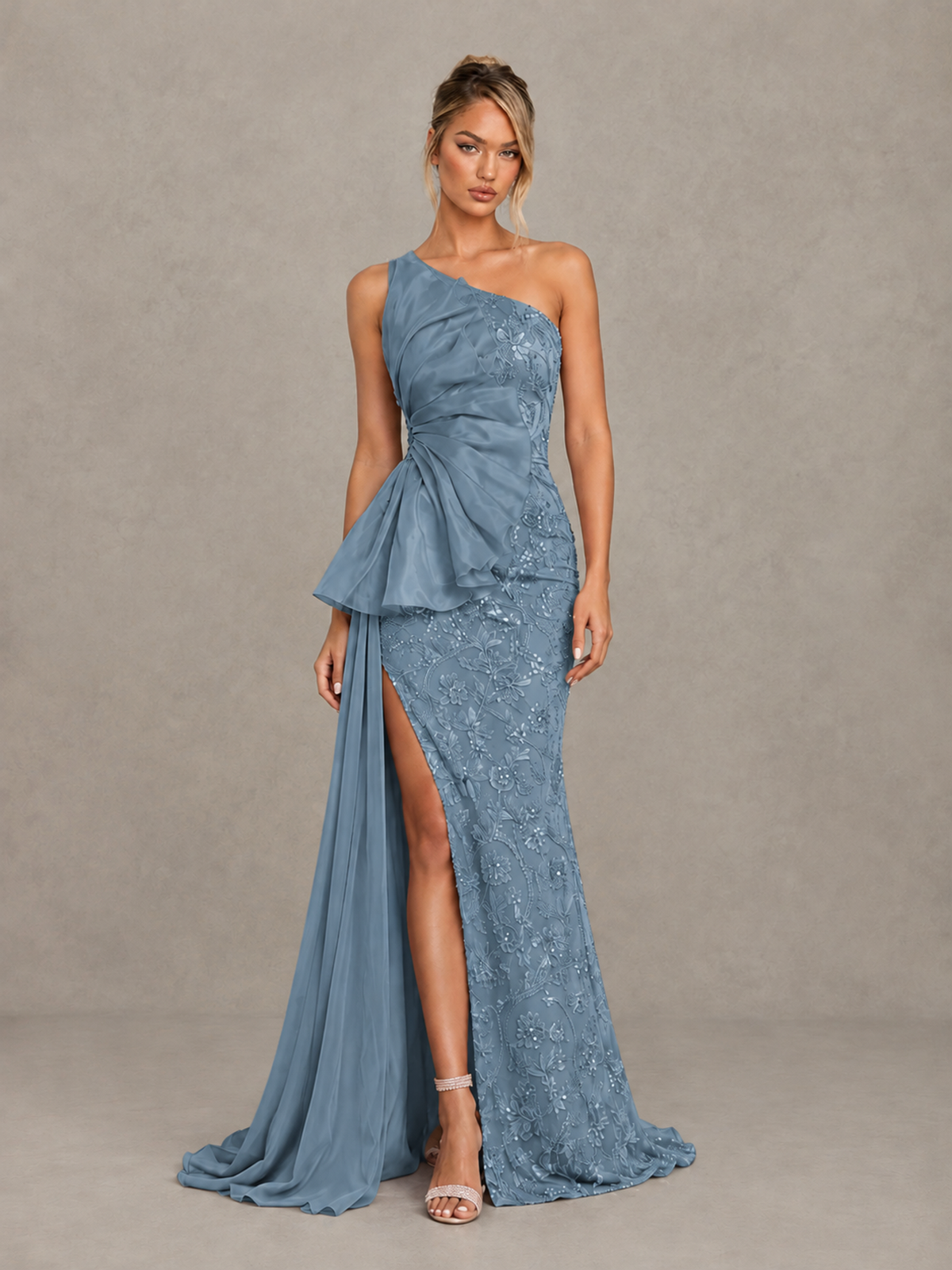BOLODOO Dusty Blue One-Shoulder Floral Lace Evening Gown with High Slit - Dusty Blue - Dusty Blue (1)