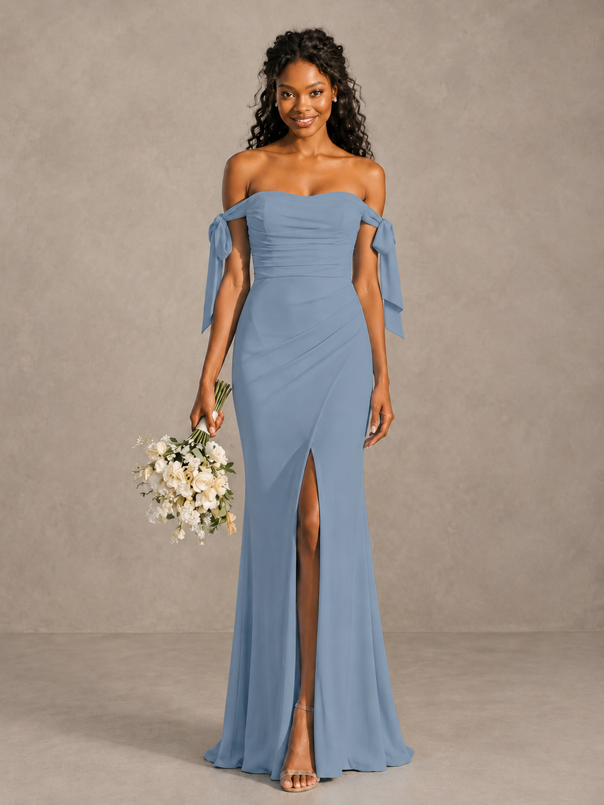 Dusty Blue Off-Shoulder Bow Bridesmaid Dress with Slit - Dusty Blue - Dusty Blue (1)