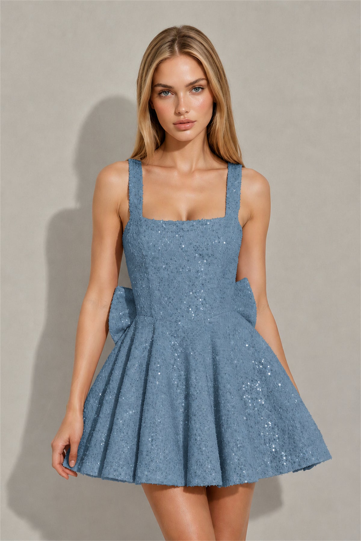 BOLODOO Dusty Blue Sequin Square Neck Wide Strap Bow Waist Open Back Fit and Flare Mini Dress | Prom Birthday Party Dress - Dusty Blue