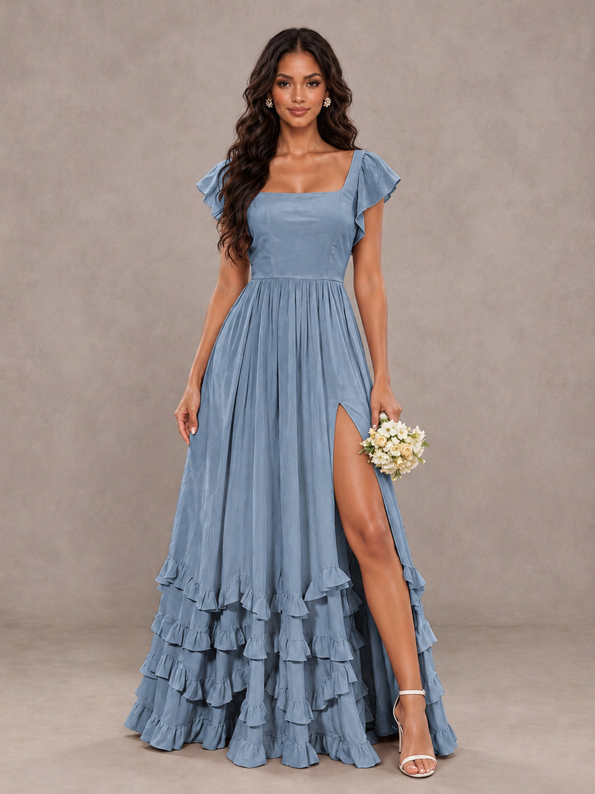 BOLODOO Dusty Blue Flutter Sleeve Ruffle Bridesmaid Dress with Slit - Dusty Blue - Dusty Blue (1)