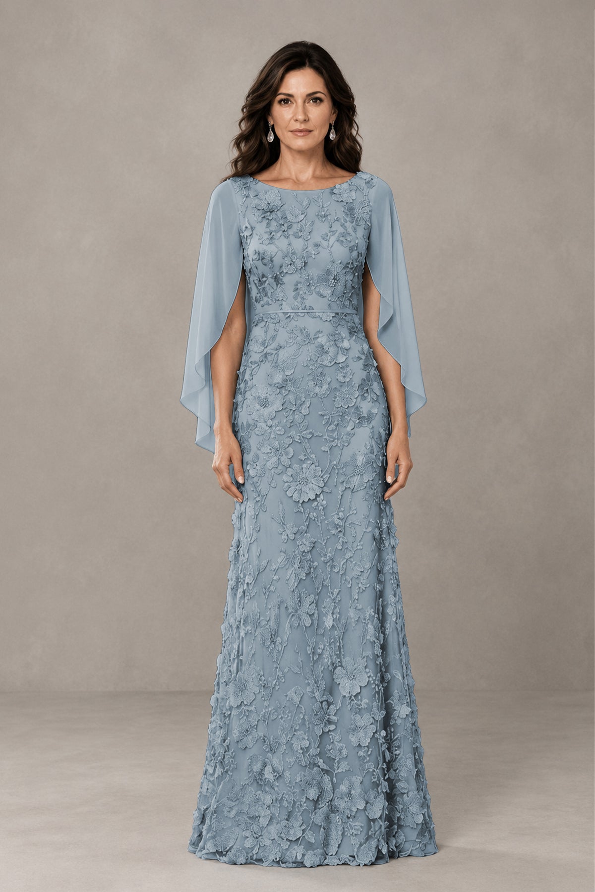 BOLODOO Dusty Blue Lace Mother of the Bride Dress with Cape Sleeves - Dusty Blue