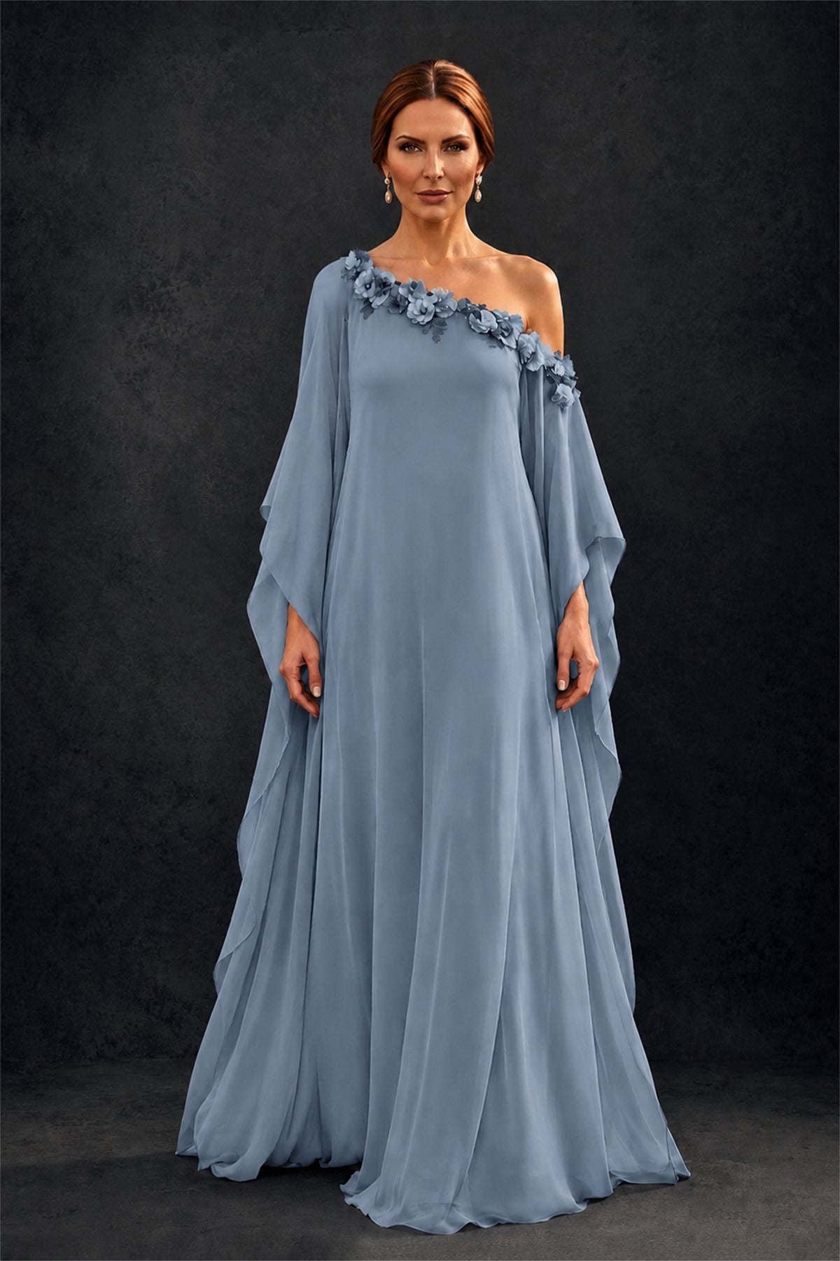 BOLODOO Dusty Blue 2-Piece Set: Off-Shoulder 3D Floral Cape Gown & One-Shoulder Wide-Leg Jumpsuit | BD0373 - Dusty Blue