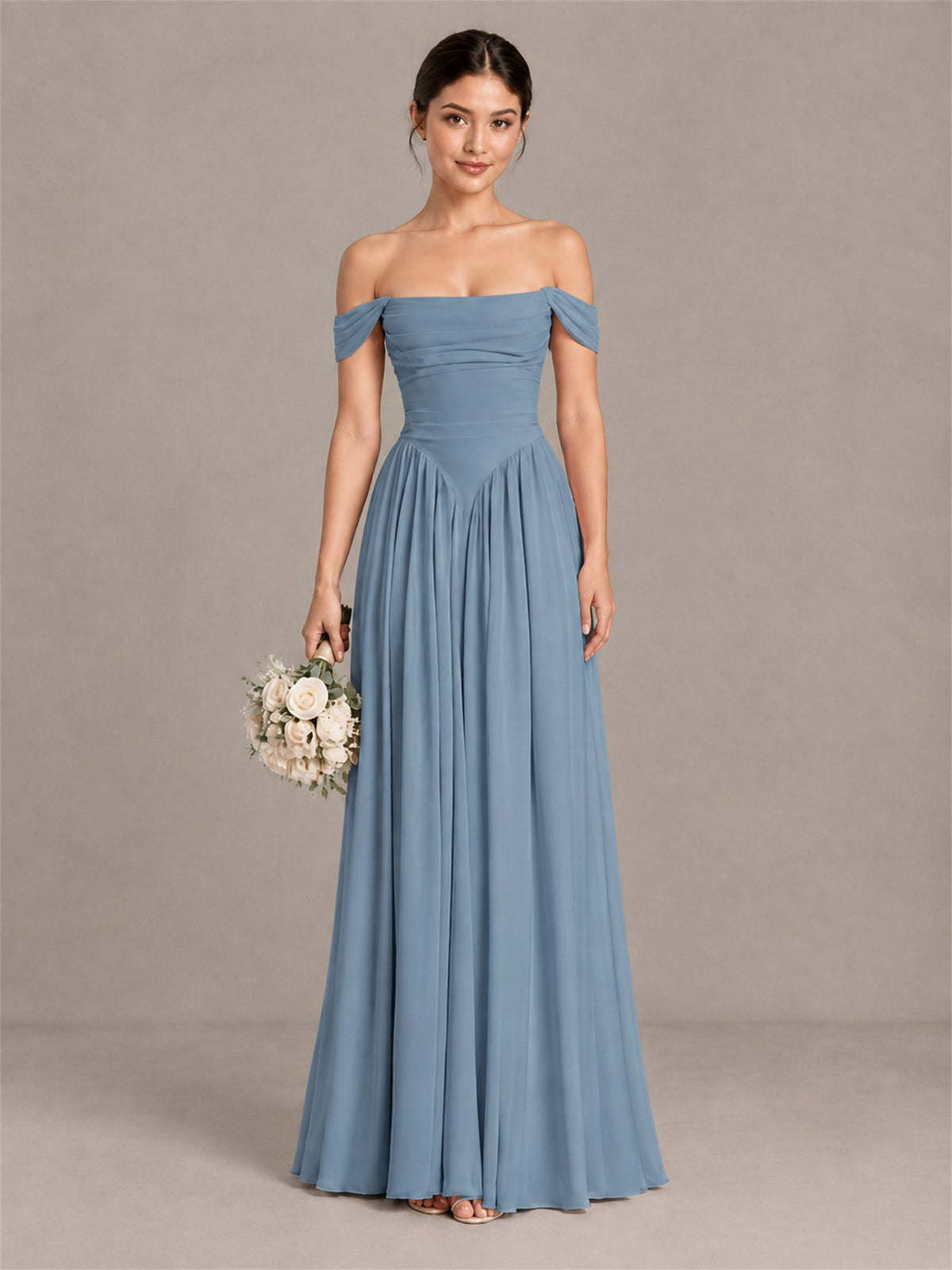 BOLODOO Dusty Blue Off-Shoulder Chiffon A-Line Bridesmaid Dress - Dusty Blue