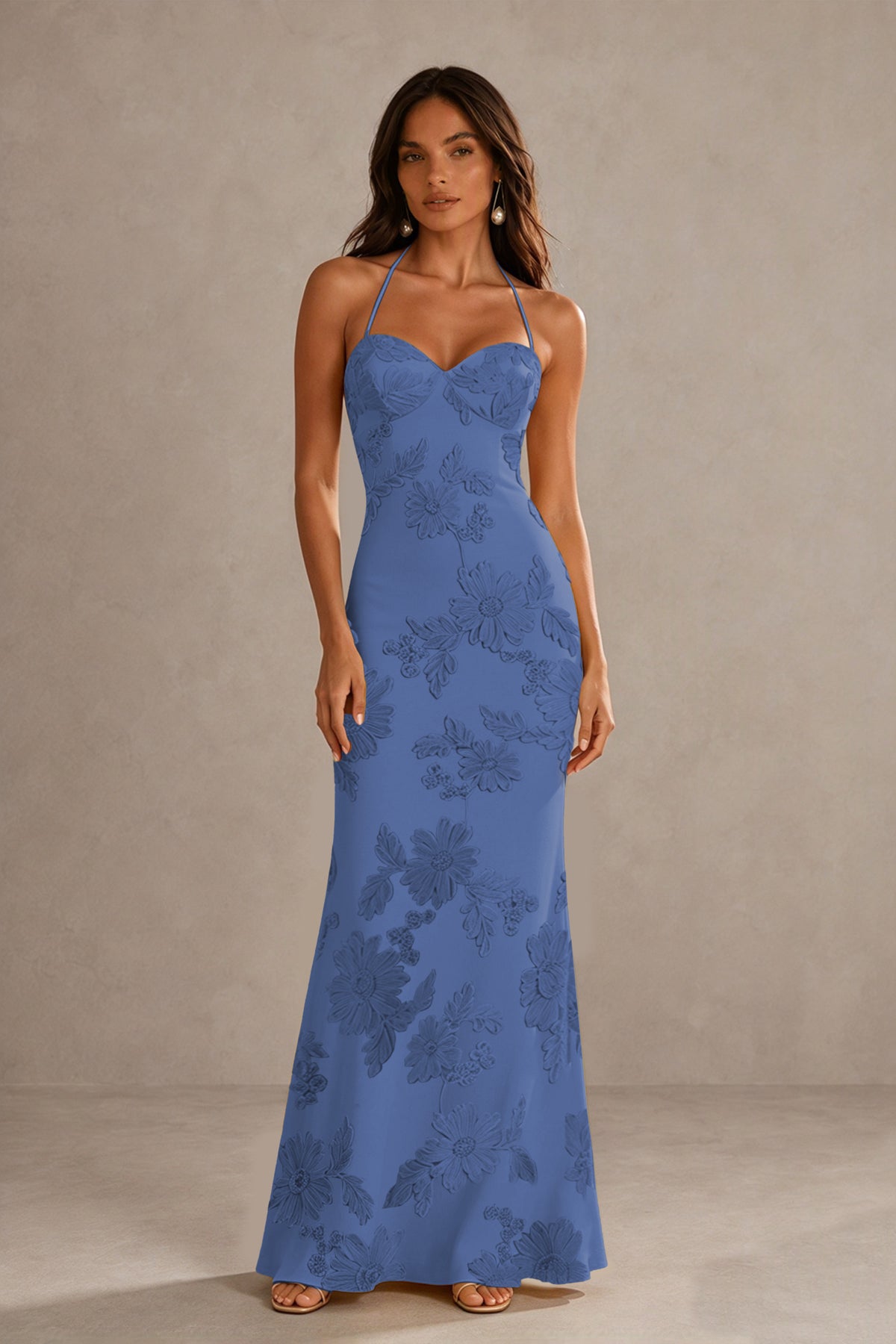 BOLODOO Dusty Blue Halter Sweetheart Floral Embroidered Lace-Up Open Back Maxi Dress | BD0257 - Dusty Blue