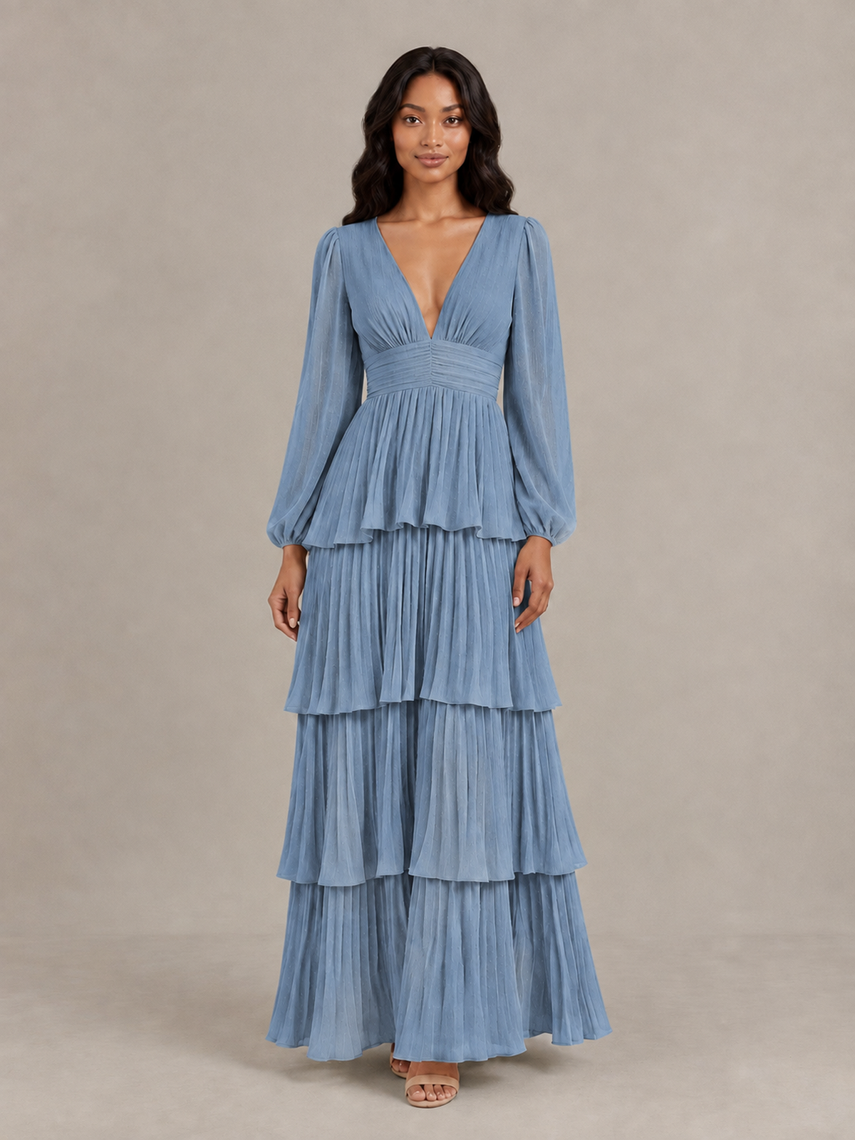 BOLODOO Dusty Blue Long-Sleeve Tiered Maxi Dress with Deep V-Neck - Dusty Blue