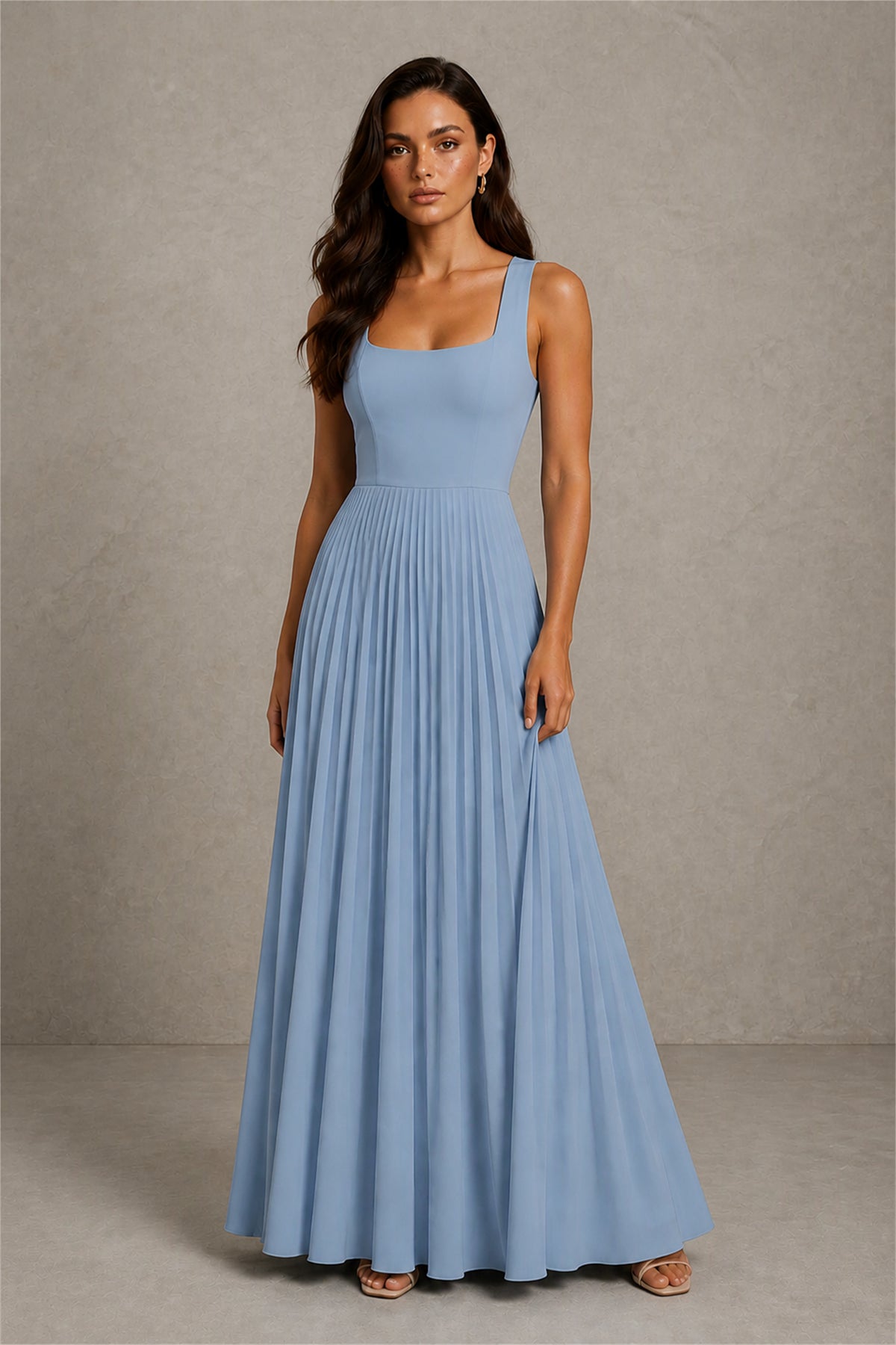 BOLODOO Dusty Blue Square Neck Wide Strap Lace-Up Back Pleated A-Line Chiffon Maxi Dress - Dusty Blue