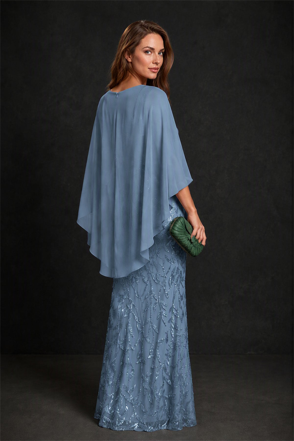 BOLODOO Dusty Blue Round Neck Chiffon Cape Overlay Sequin Lace Mermaid Maxi Dress - Dusty Blue