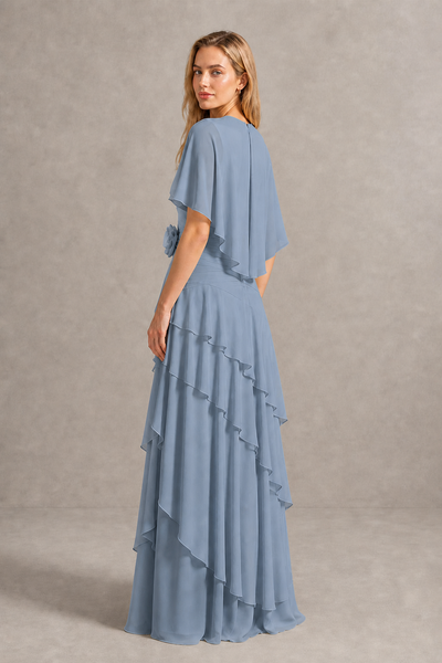 BOLODOO Dusty Blue Chiffon Flutter Sleeve Tiered Maxi Dress with 3D Rosette - Dusty Blue