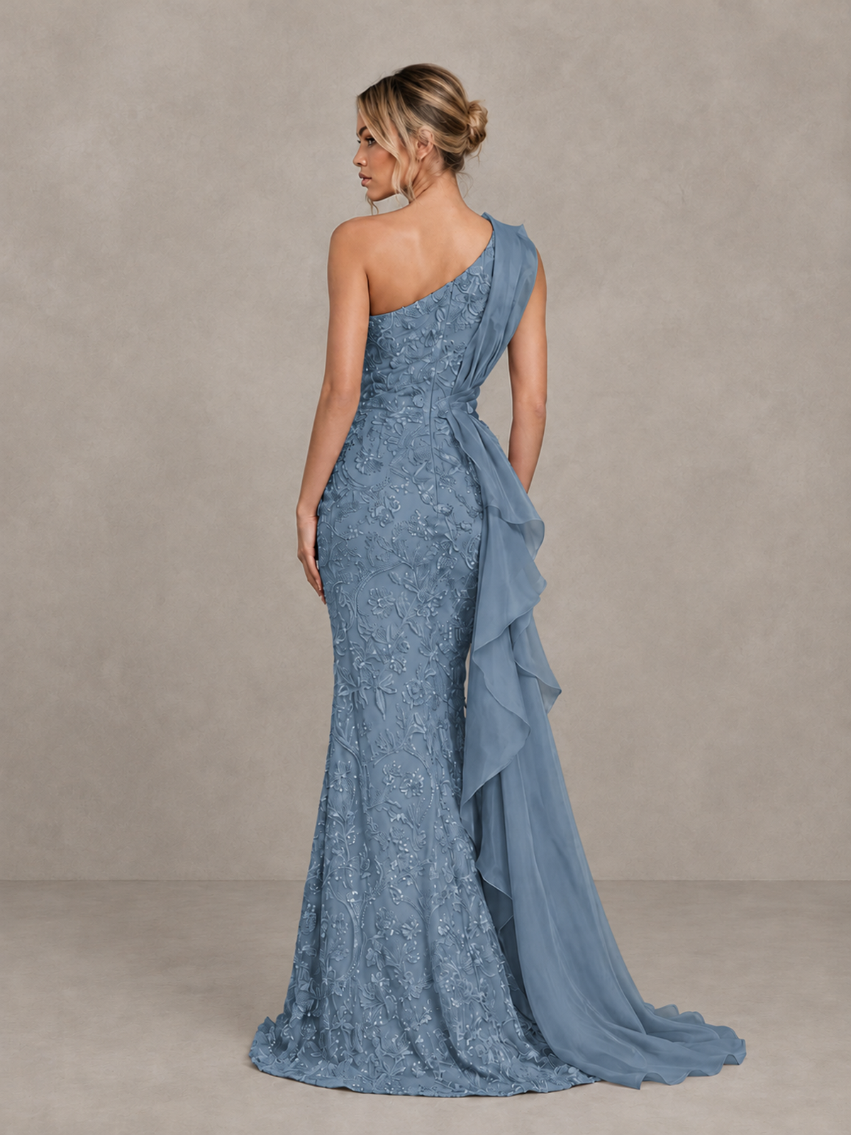 BOLODOO Dusty Blue One-Shoulder Floral Lace Evening Gown with High Slit - Dusty Blue - Dusty Blue (2)