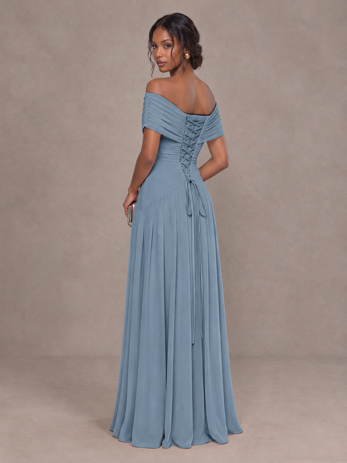 BOLODOO Dusty Blue Off-Shoulder Ruched A-Line Bridesmaid Dress - Dusty Blue - Dusty Blue (2)