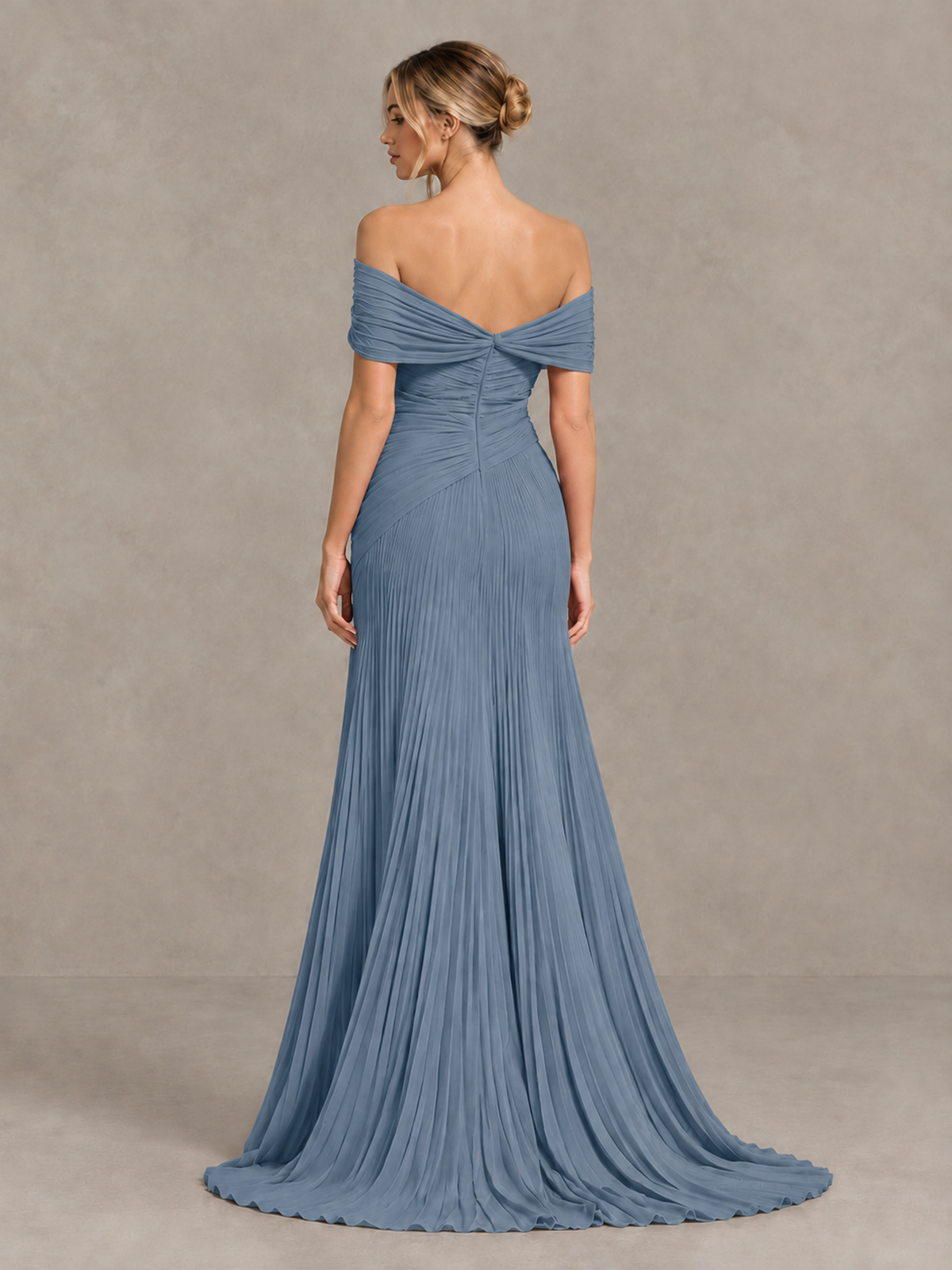 BOLODOO Dusty Blue Off-Shoulder Ruched Pleated Maxi Dress with High Slit - Dusty Blue - Dusty Blue (2)