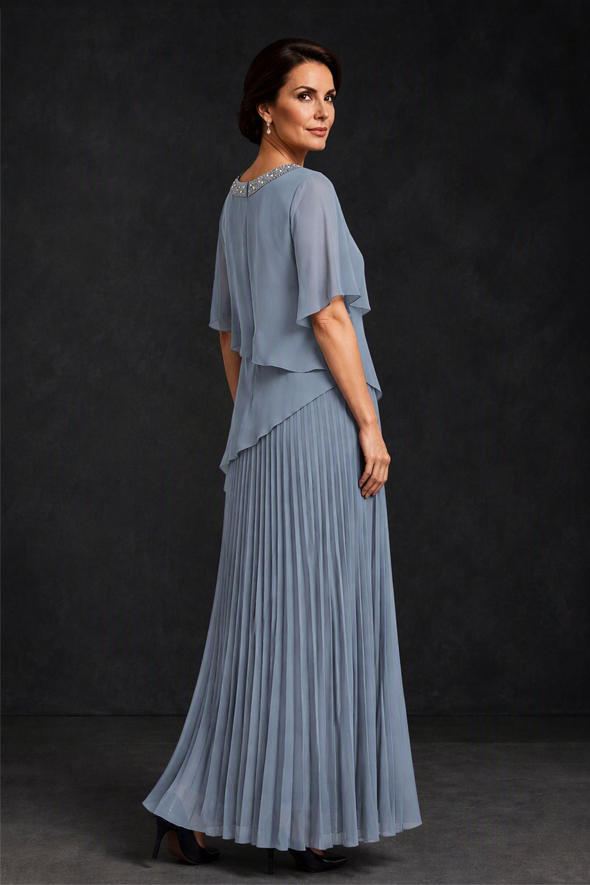 BOLODOO Dusty Blue Pearl Beaded Neck Asymmetric Tiered Flutter Sleeve Pleated Chiffon Maxi Dress - Dusty Blue
