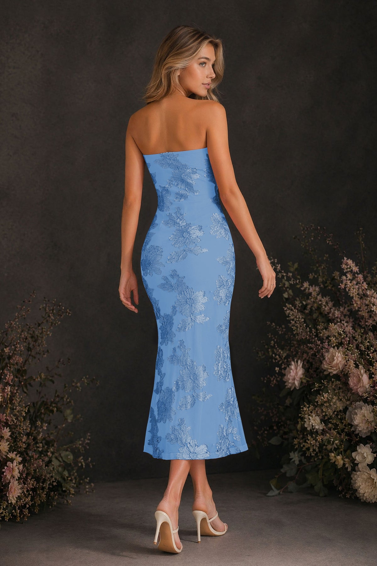 BOLODOO Dusty Blue Tonal Floral Embroidered Mesh Strapless Open Back Bodycon Midi Tea Length Dress - Dusty Blue