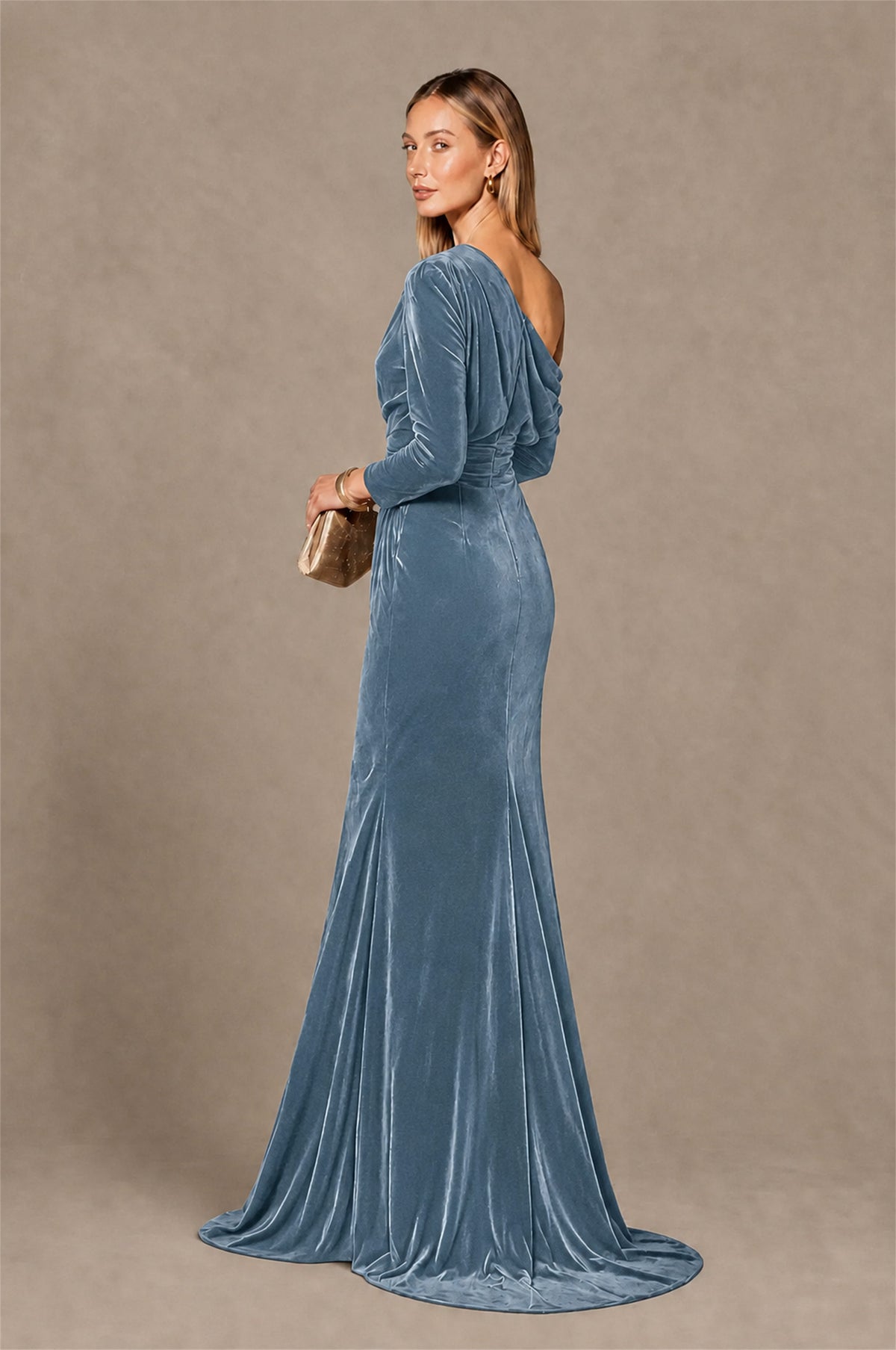 BOLODOO Dusty Blue Velvet One-Shoulder Long Sleeve Evening Gown - Dusty Blue