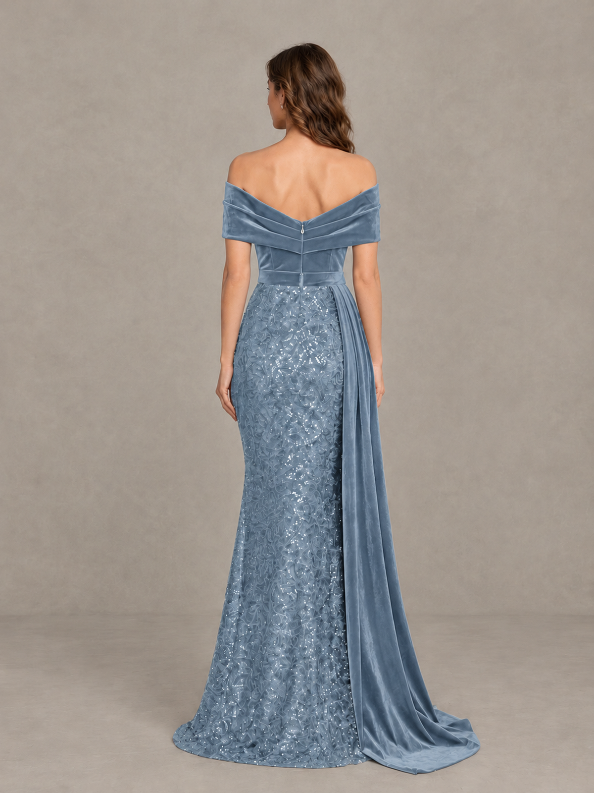 BOLODOO Dusty Blue Off-Shoulder Velvet & Sequin Evening Gown with Side Train - Dusty Blue - Dusty Blue (2)
