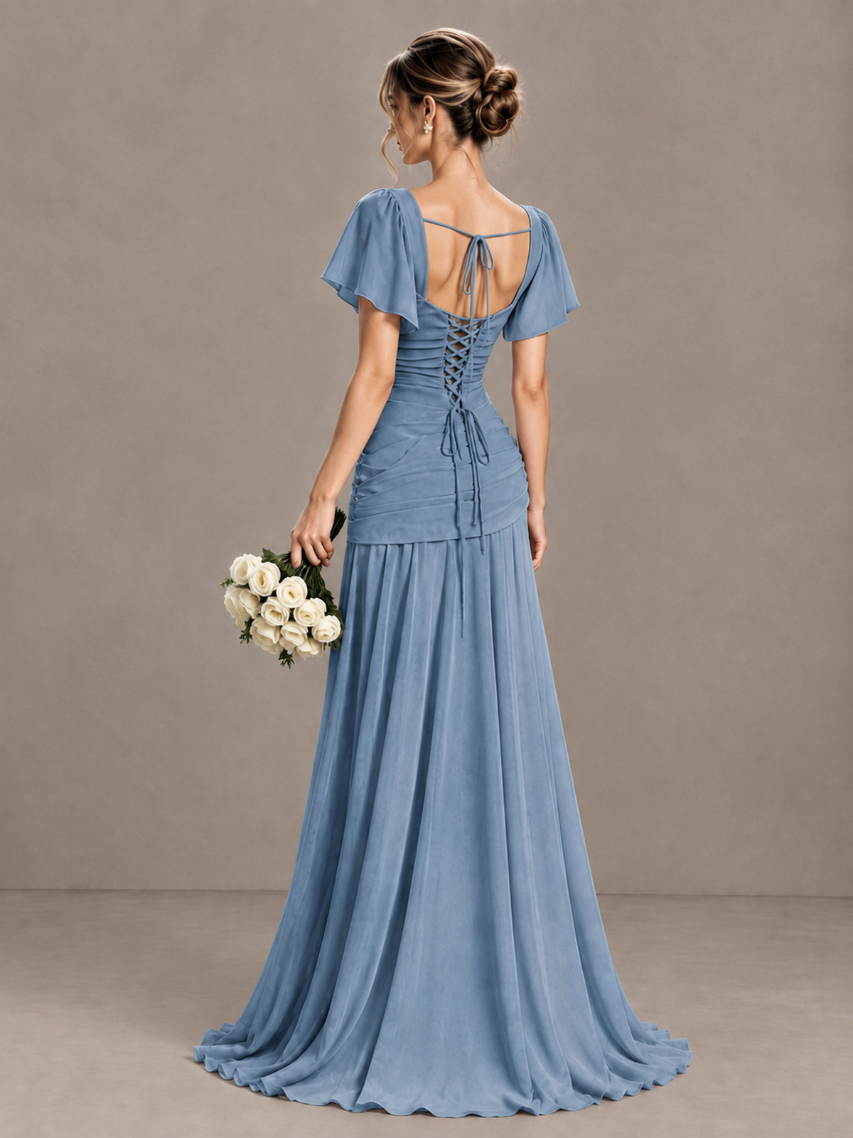 BOLODOO Dusty Blue Flutter Sleeve Lace-Up Back Maxi Dress - Dusty Blue