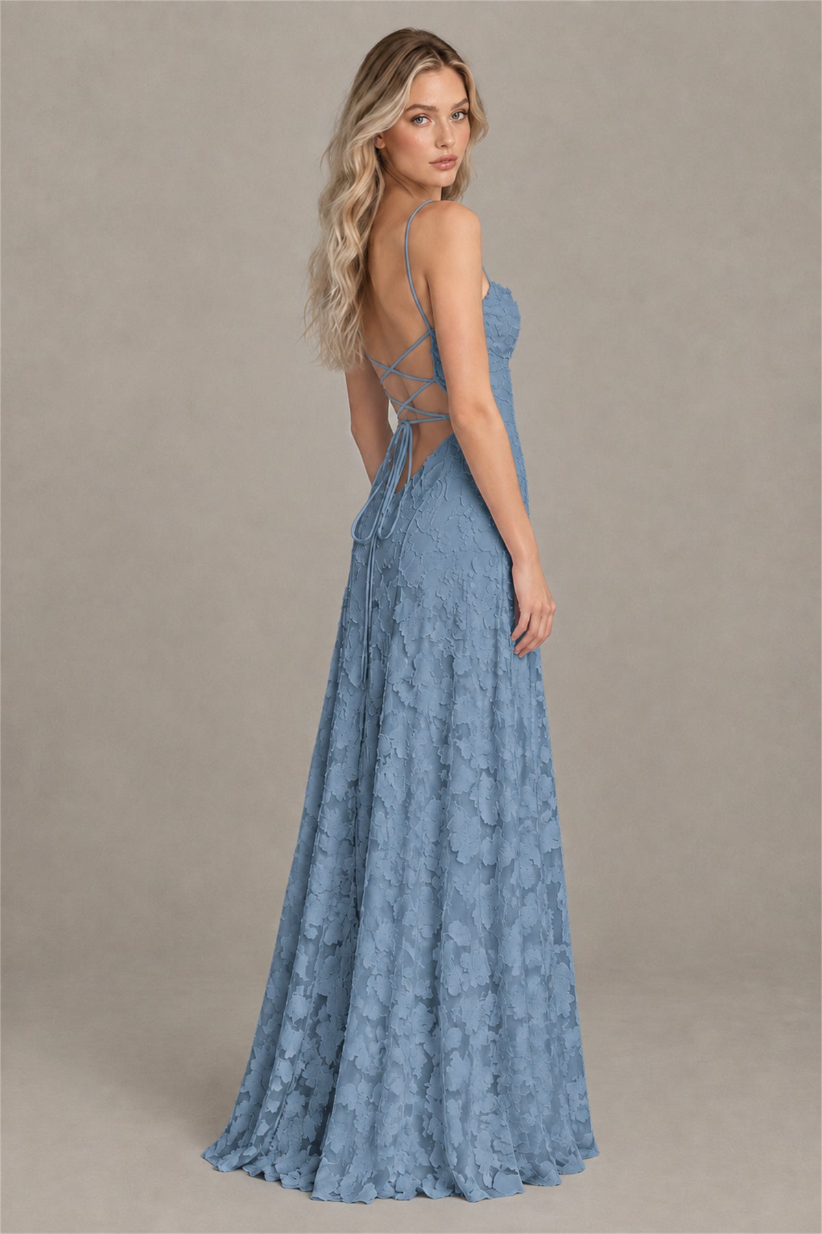 BOLODOO Dusty Blue Floral Appliqué Lace-Up Back Maxi Dress - Dusty Blue