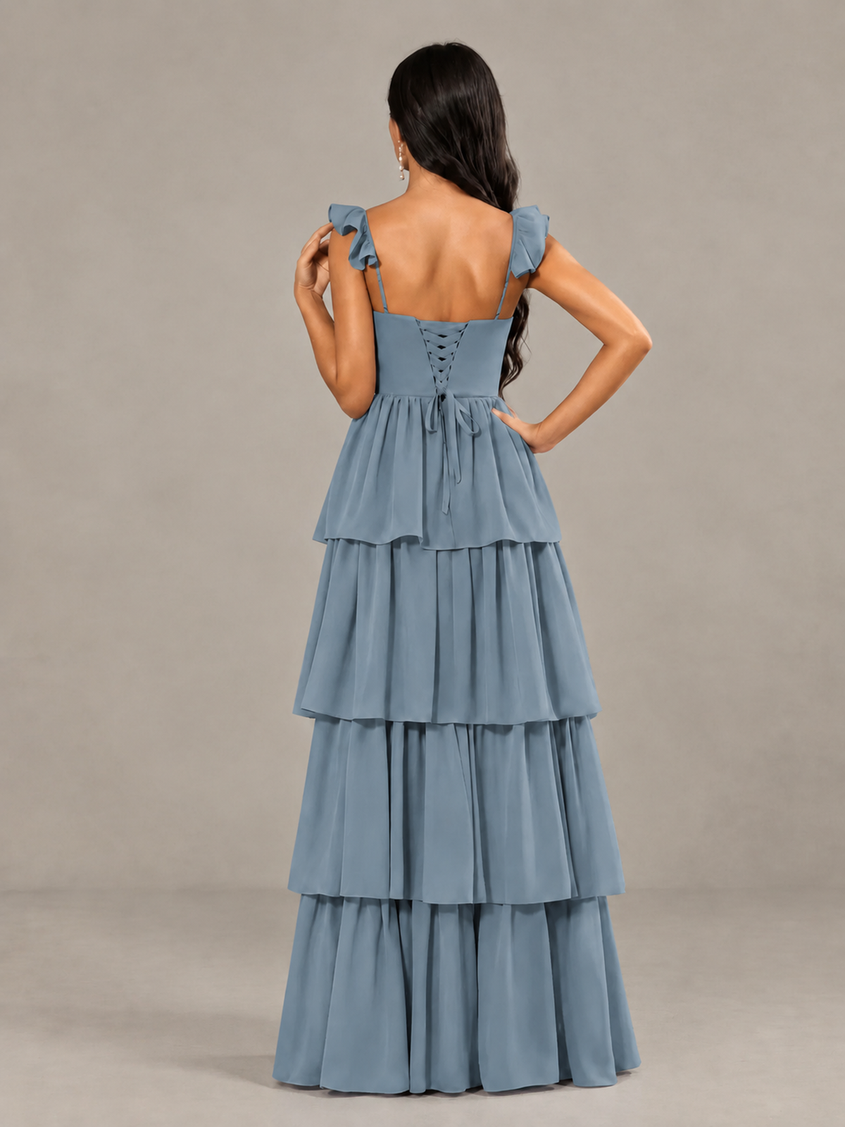 BOLODOO Dusty Blue Tiered Maxi Bridesmaid Dress with Slit - Dusty Blue