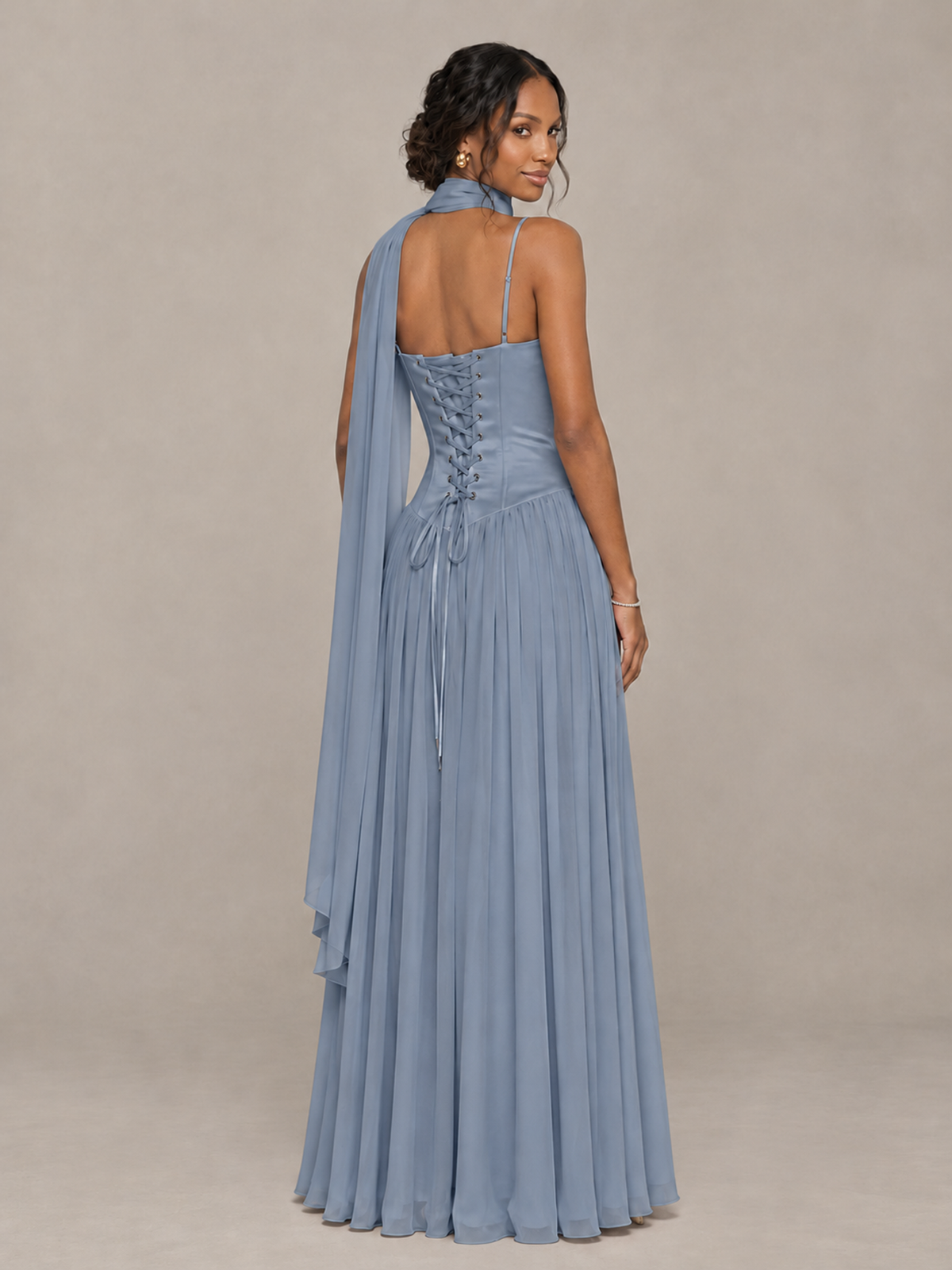 BOLODOO Dusty Blue Corset Bridesmaid Dress with Scarf - Dusty Blue - Dusty Blue (2)