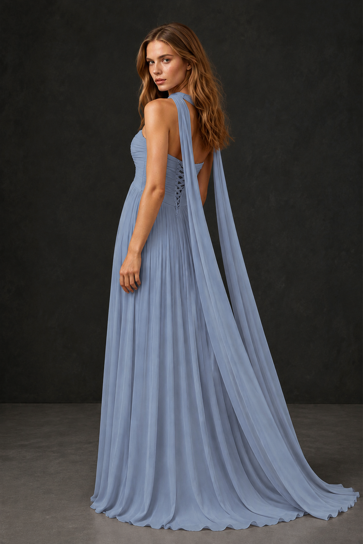 BOLODOO Dusty Blue Sweetheart Strapless Twist Knot Detached Halter Scarf Lace-Up Back Empire Waist Chiffon Maxi Dress - Dusty Blue