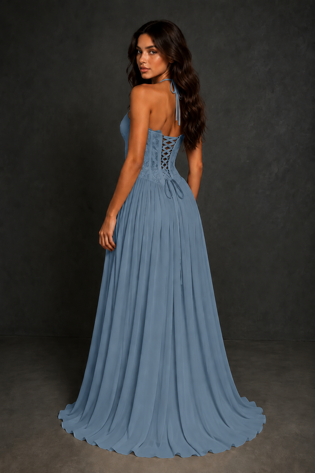 BOLODOO Dusty Blue Lace Corset Halter Maxi Gown – Backless A-Line Formal Dress - Dusty Blue