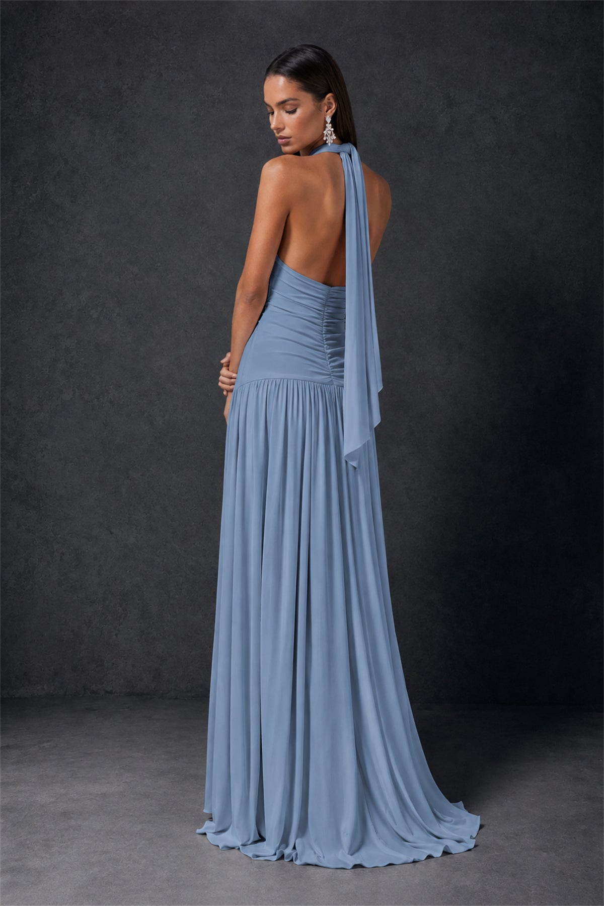 BOLODOO Dusty Blue Halter Deep V-Neck Ruched Chiffon Open Back Maxi Dress with Draped Neck Tie - Dusty Blue