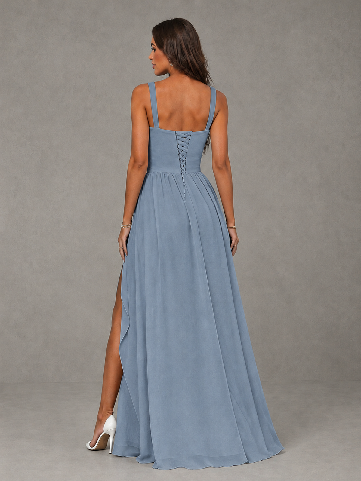 BOLODOO Dusty Blue A-Line Bridesmaid Dress with High Slit & Lace-Up Back - Dusty Blue - Dusty Blue (2)